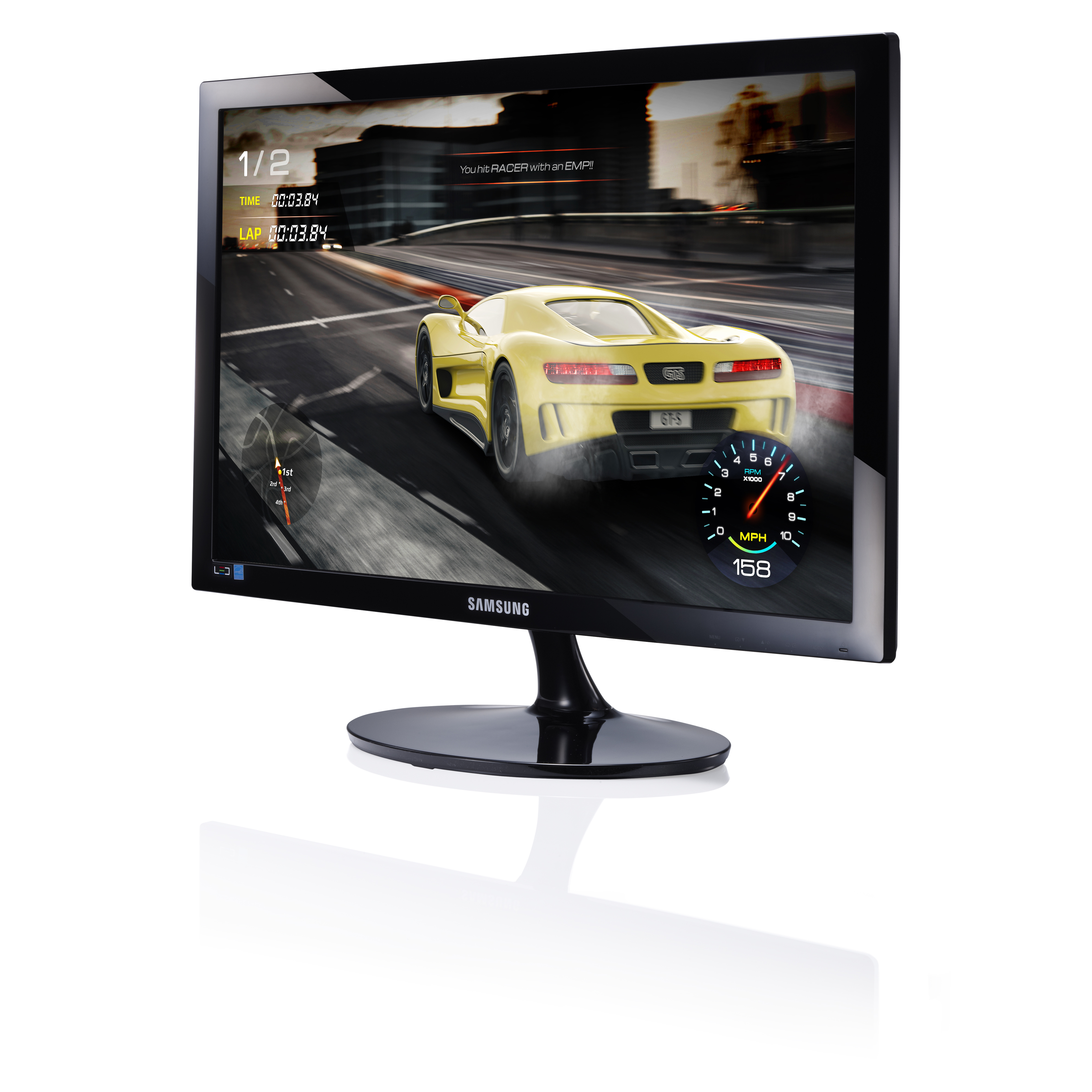 Un monitor Samsung che mostra un gioco di corse. Un'auto sportiva gialla in movimento, tachimetro visibile.