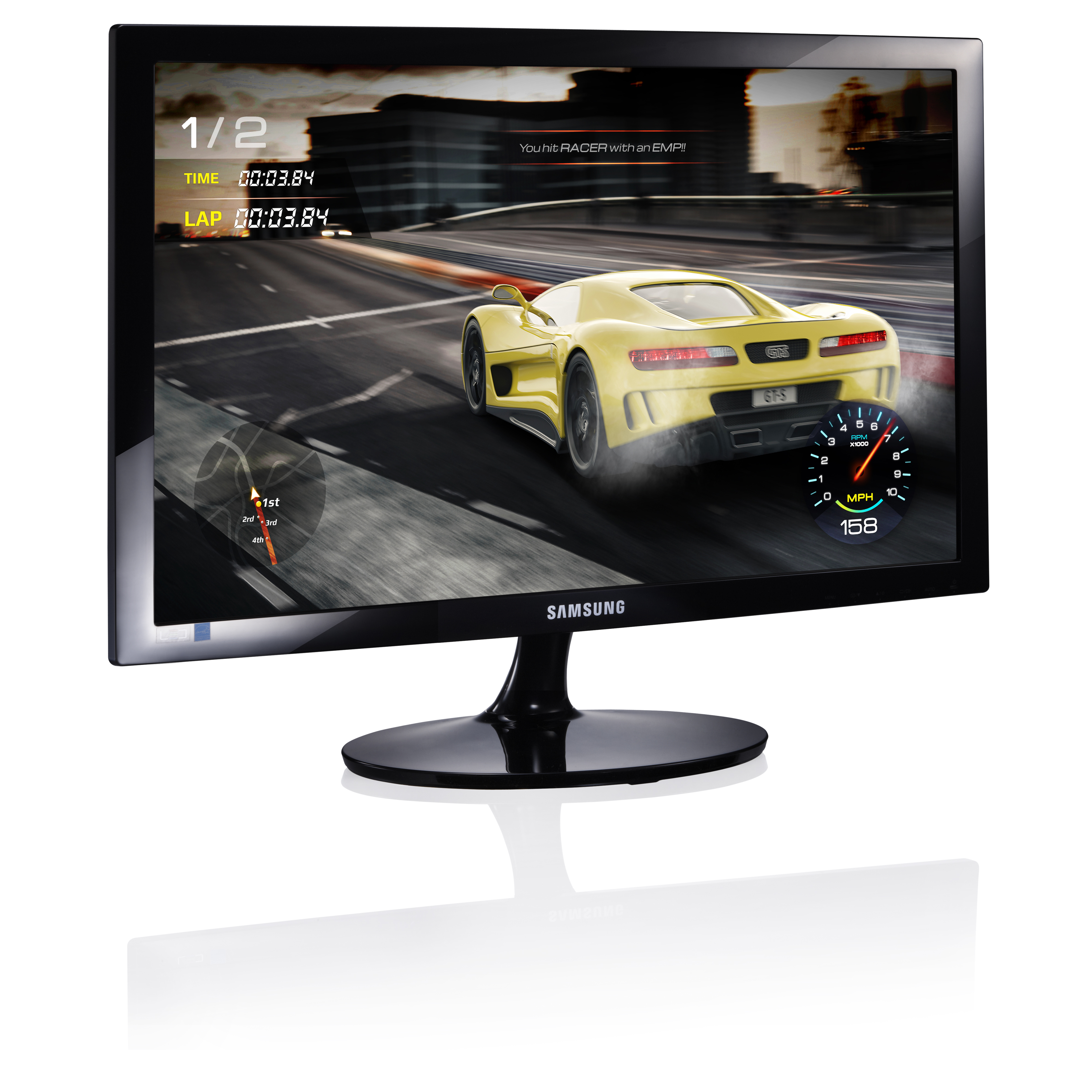 Monitor Samsung con gioco di corse. Auto gialla su pista. Tachimetro visibile.