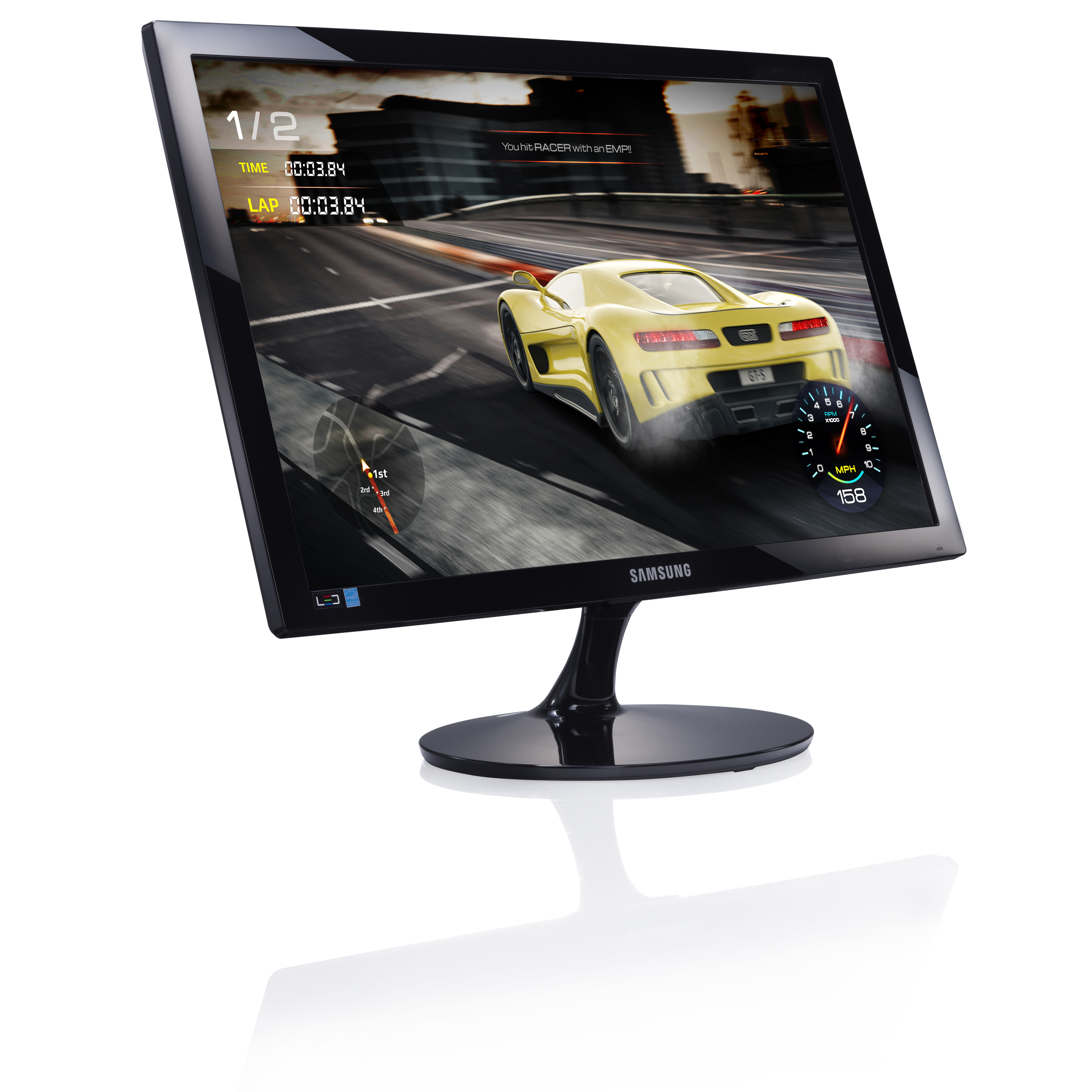 Un monitor Samsung che mostra un gioco di corse. Un'auto gialla corre su una pista con un tachimetro.
