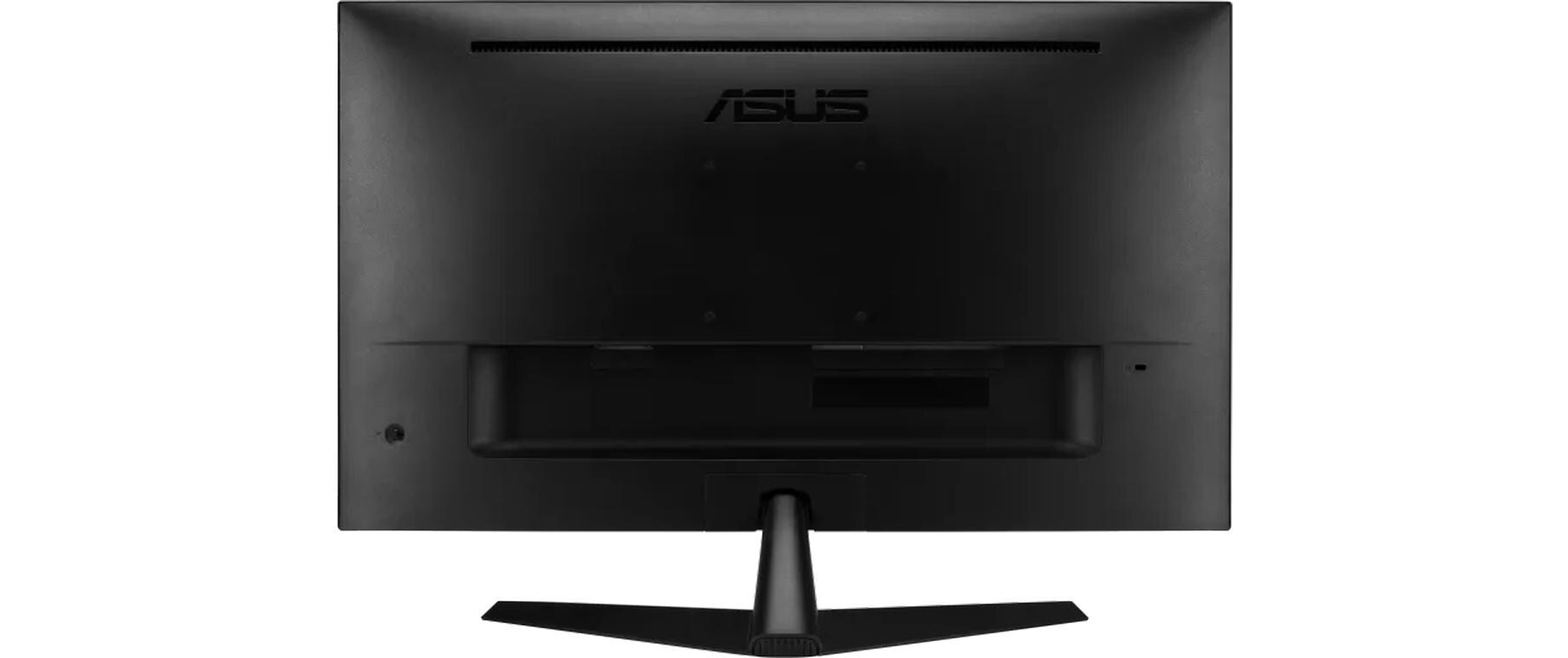 Vista superior de un monitor negro con soporte negro. La pantalla es negra.