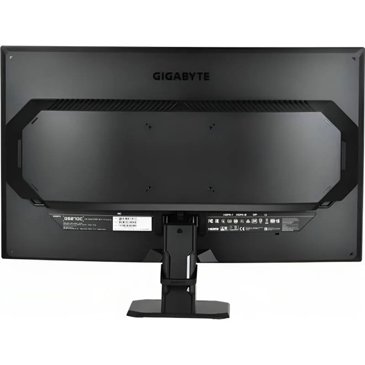 Retro di un monitor Gigabyte nero. Il supporto è nero e il logo è visibile.