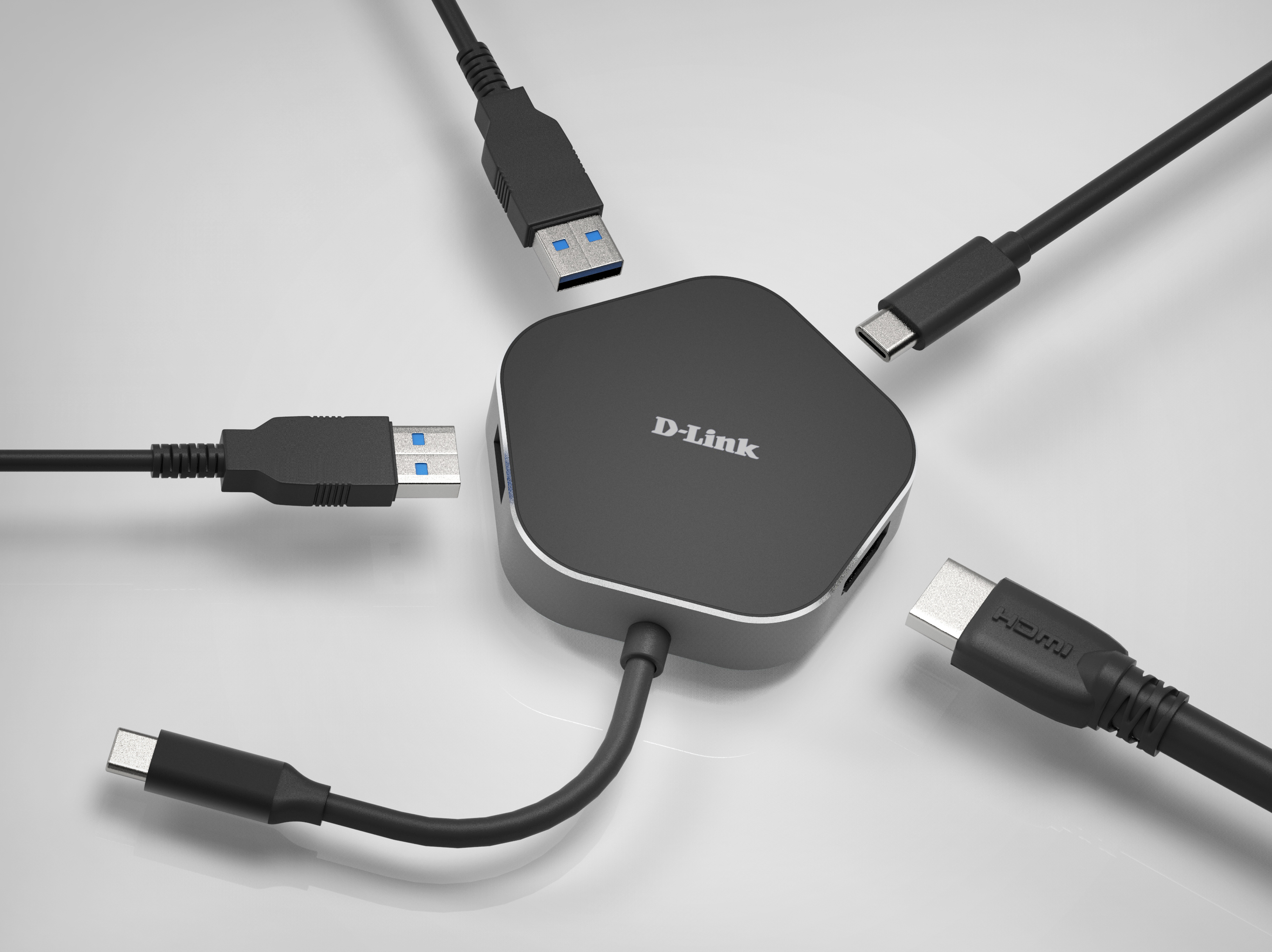Hub USB D-Link z wieloma podłączonymi kablami, różne typy USB i HDMI.