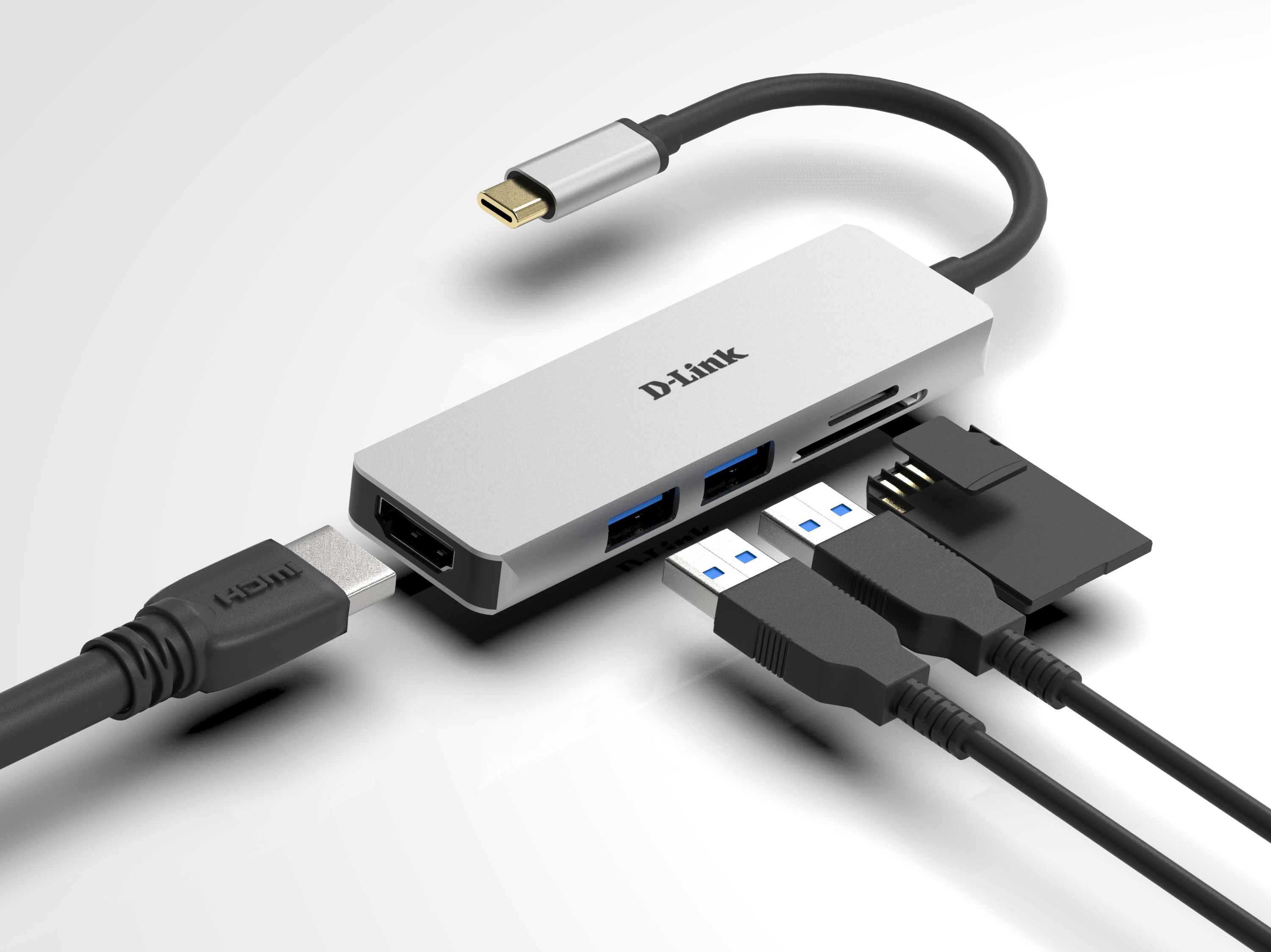 Hub USB-C D-Link z wieloma połączeniami: HDMI, USB i kartą SD.