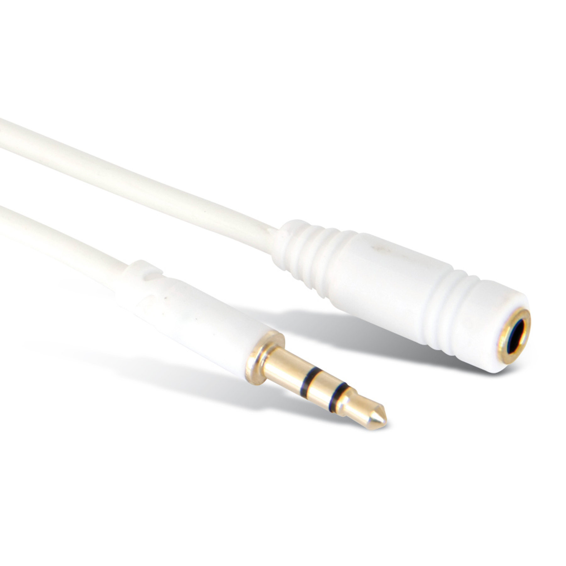 Weißes Audiokabel. Es hat einen 3,5-mm-Stecker und eine Buchse.