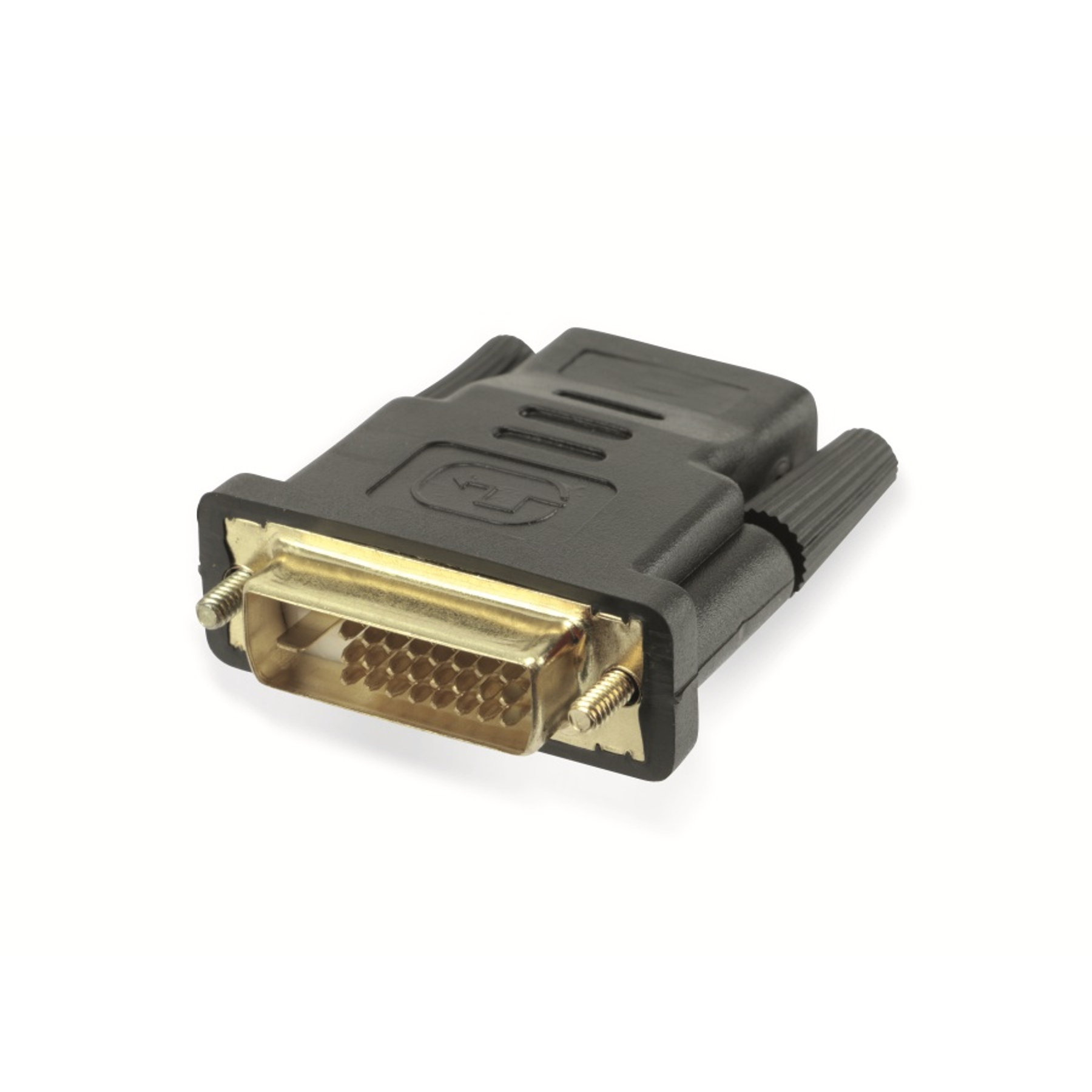 Schwarz-goldener DVI-zu-DVI-Adapter. Der Stecker ist abgewinkelt. Weißer Hintergrund.