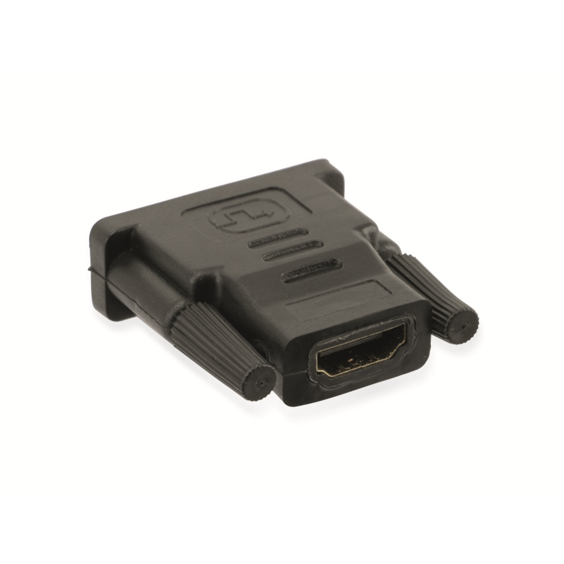 Schwarzer HDMI-zu-DVI-Adapter, aus einem Winkel gesehen.