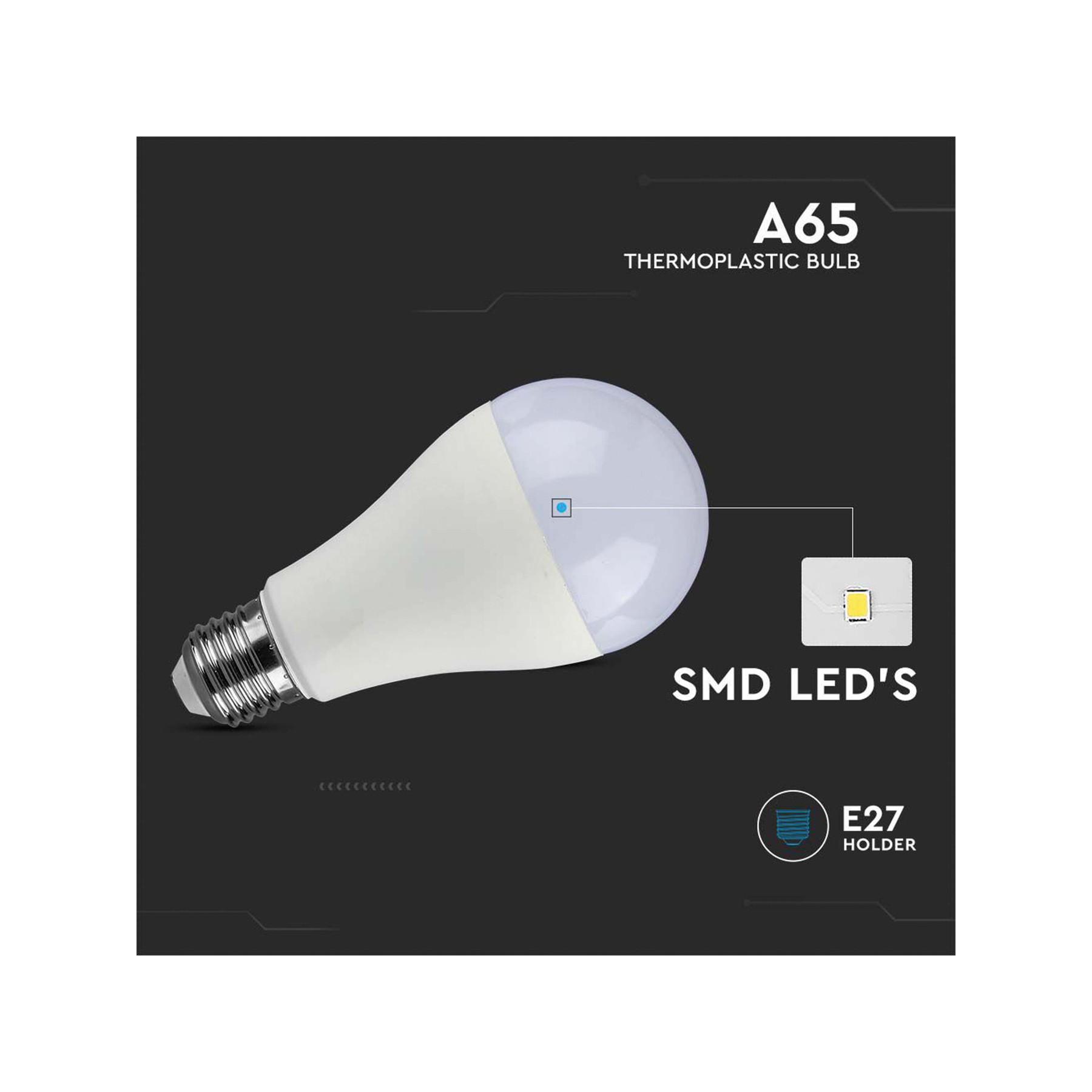 A65 Thermoplastische LED-Glühbirne mit E27-Halter, mit Text: SMD-LEDs und anderen technischen Etiketten.