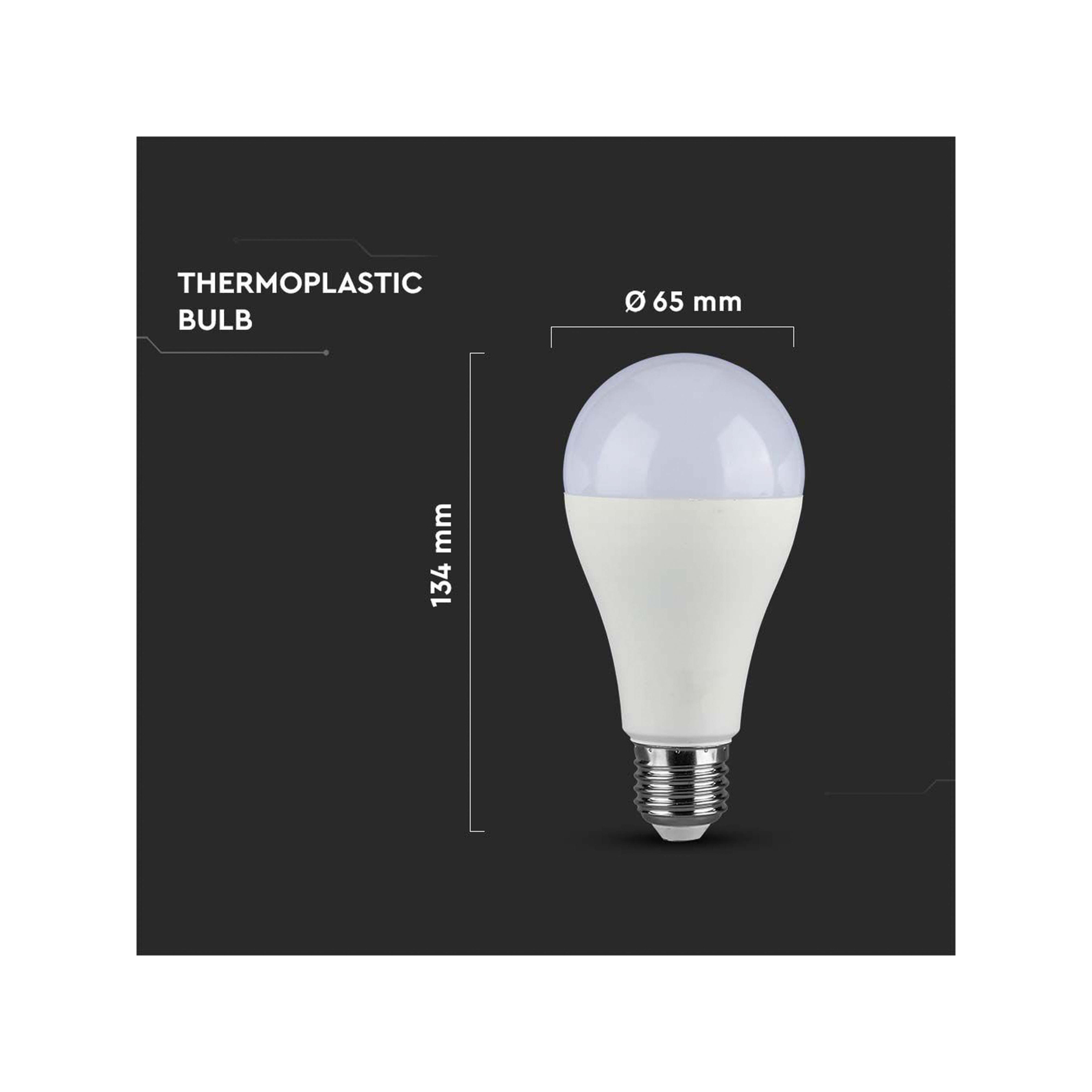 Thermoplastische Glühbirne auf schwarzem Hintergrund. Maße: 134 mm hoch, 65 mm Durchmesser.