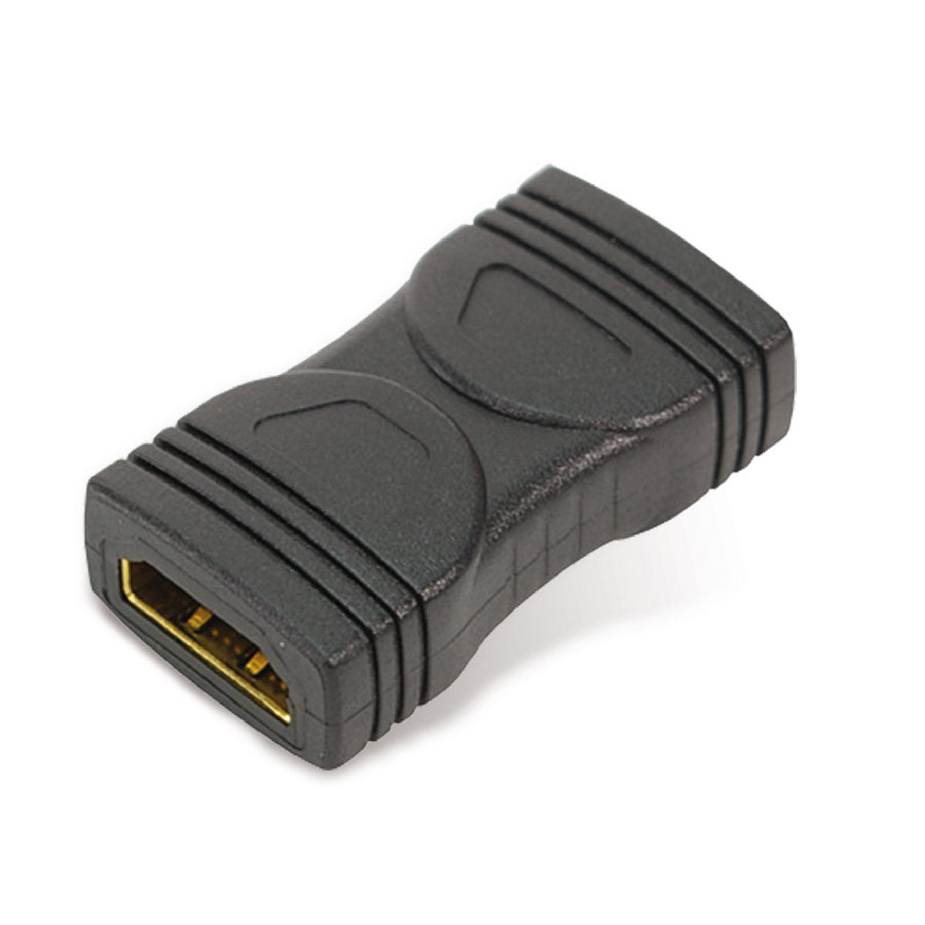 Ein schwarzer HDMI-Adapter wird angezeigt. Er hat goldfarbene Anschlüsse und ein Kunststoffgehäuse.