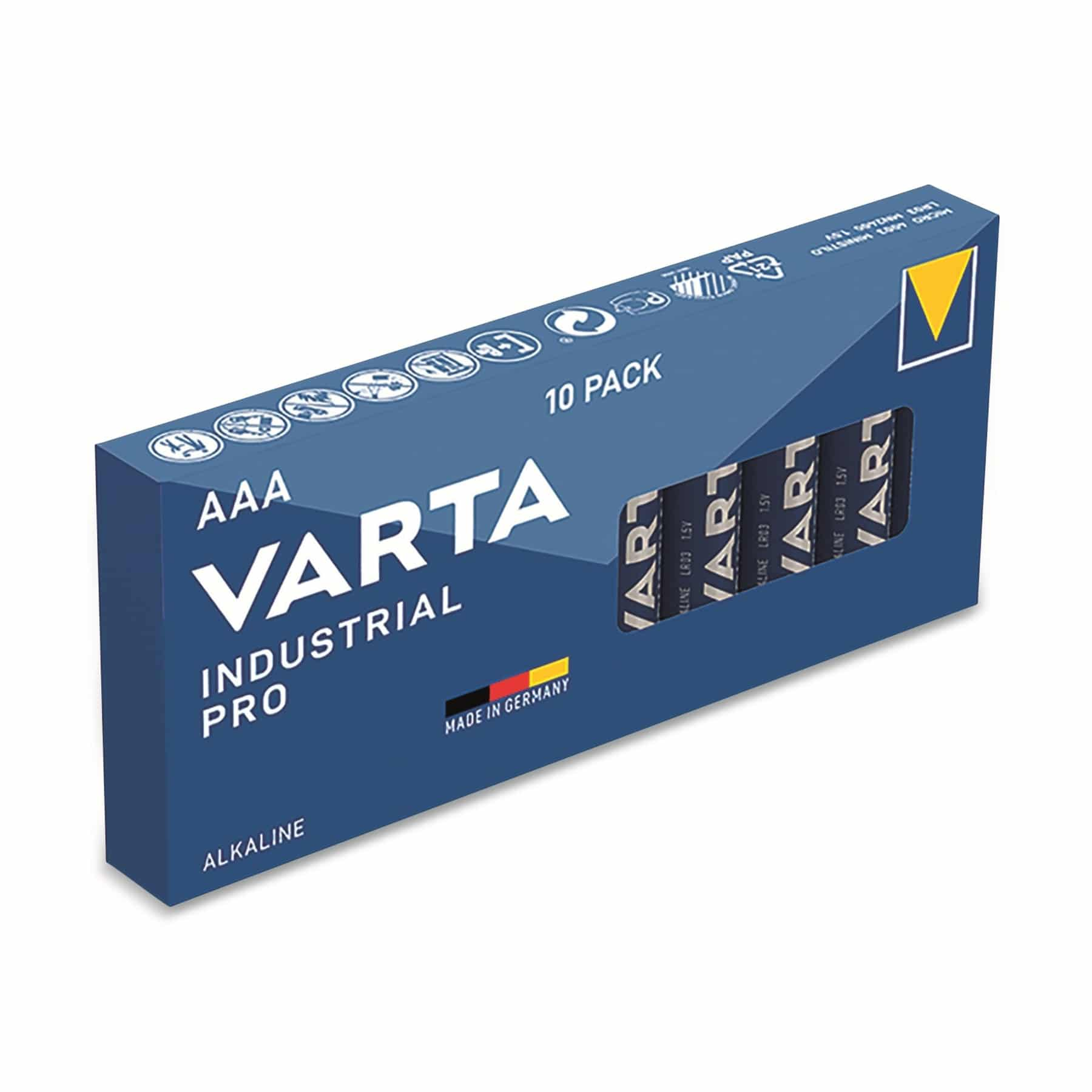 Niebiesko-białe pudełko baterii Varta AAA Industrial Pro ze wskaźnikiem 10 sztuk i flagą Niemiec.