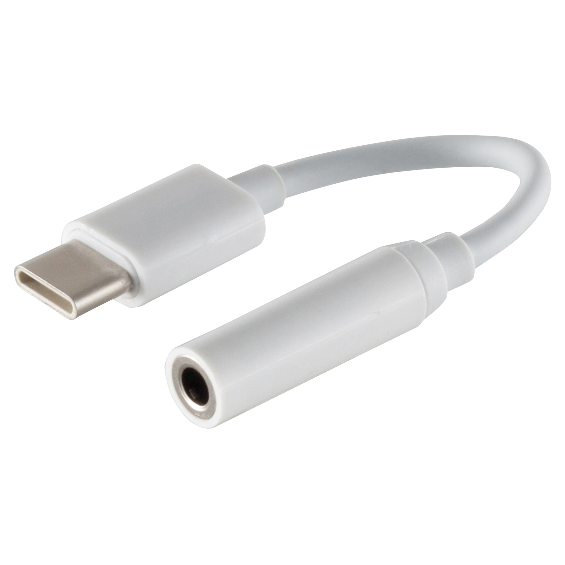 Weißer USB-C-auf-3,5-mm-Audioadapter. Er hat einen USB-C-Anschluss und eine Buchse.