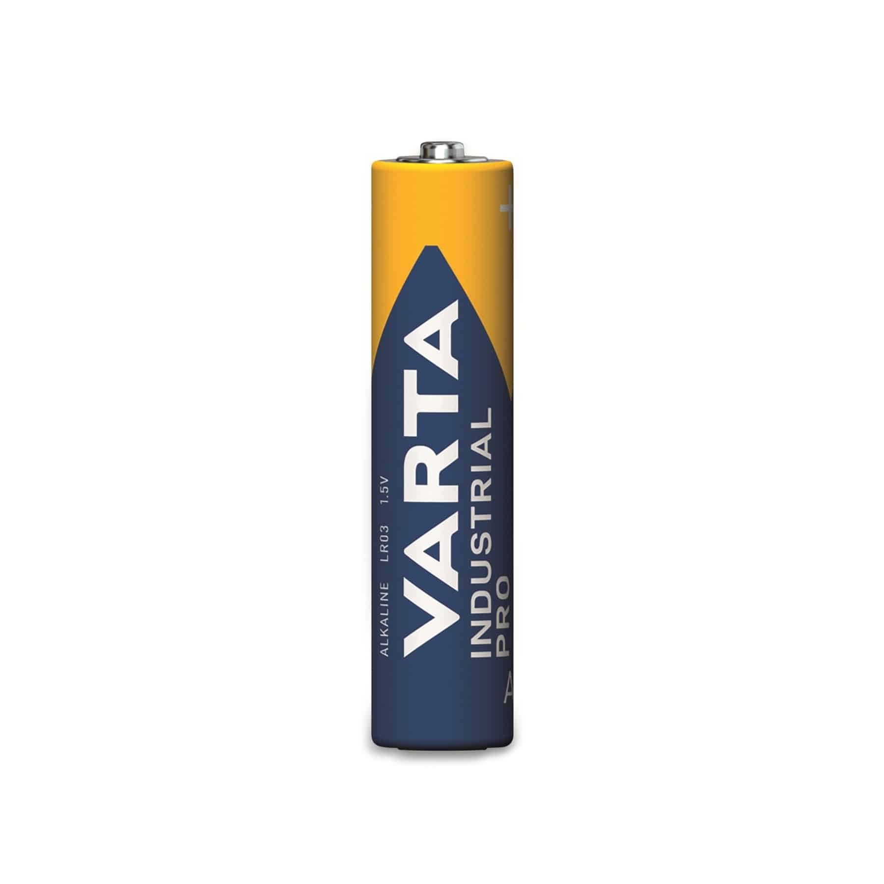 Żółta bateria Varta Industrial Pro na białym tle. Widoczny tekst i logo.