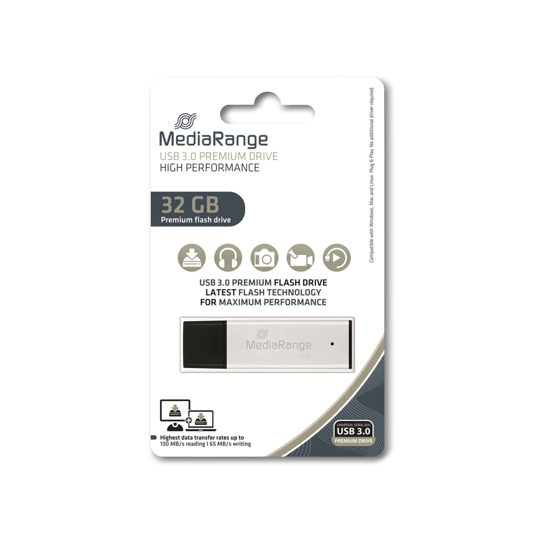 Opakowanie pendrive'a USB pokazuje produkt i jego cechy. Obecny jest tekst i ikony.