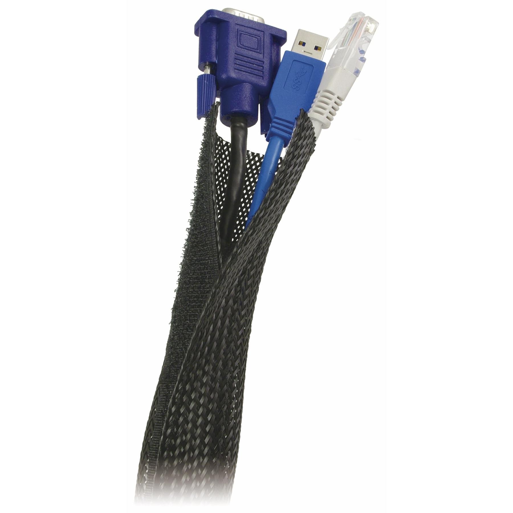 Mehrere Kabel kommen aus einer schwarzen Stoffhülle. Verschiedenfarbige Stecker.