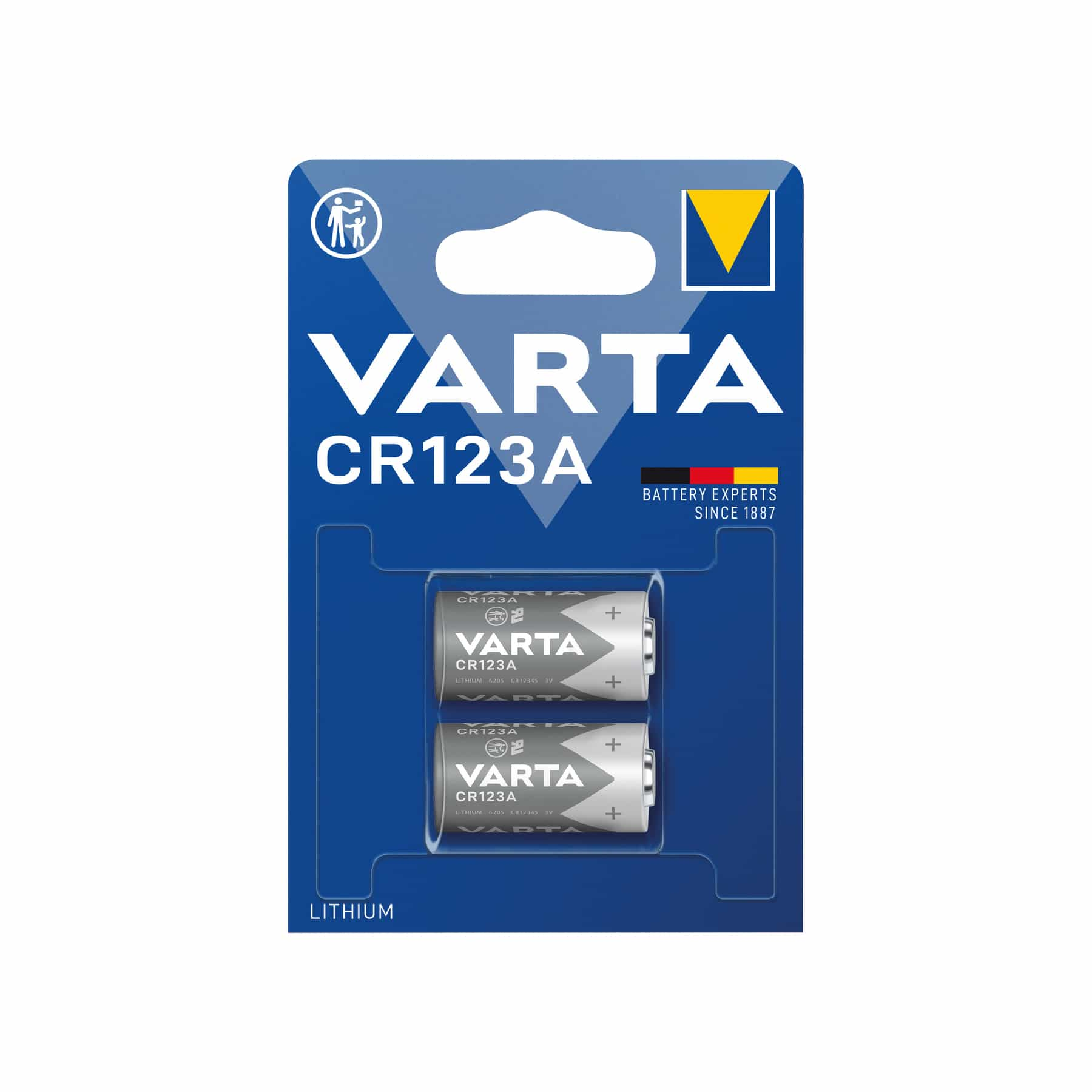 Dwie baterie VARTA CR123A są pokazane w niebieskim opakowaniu z marką i symbolami.