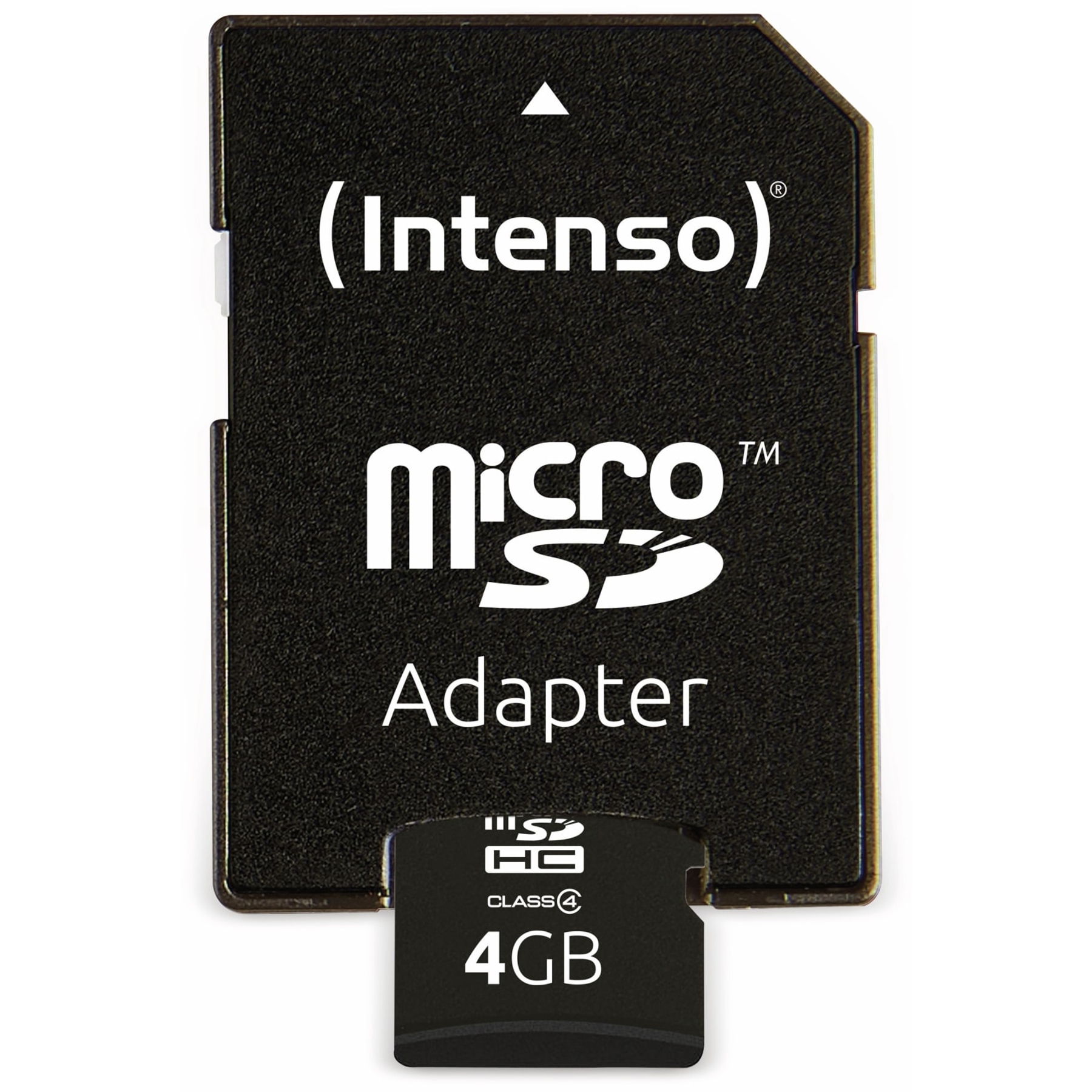 Schwarzer Micro-SD-Adapter mit 'Intenso'- und 'Micro SD'-Etiketten, und 4GB Kapazität.