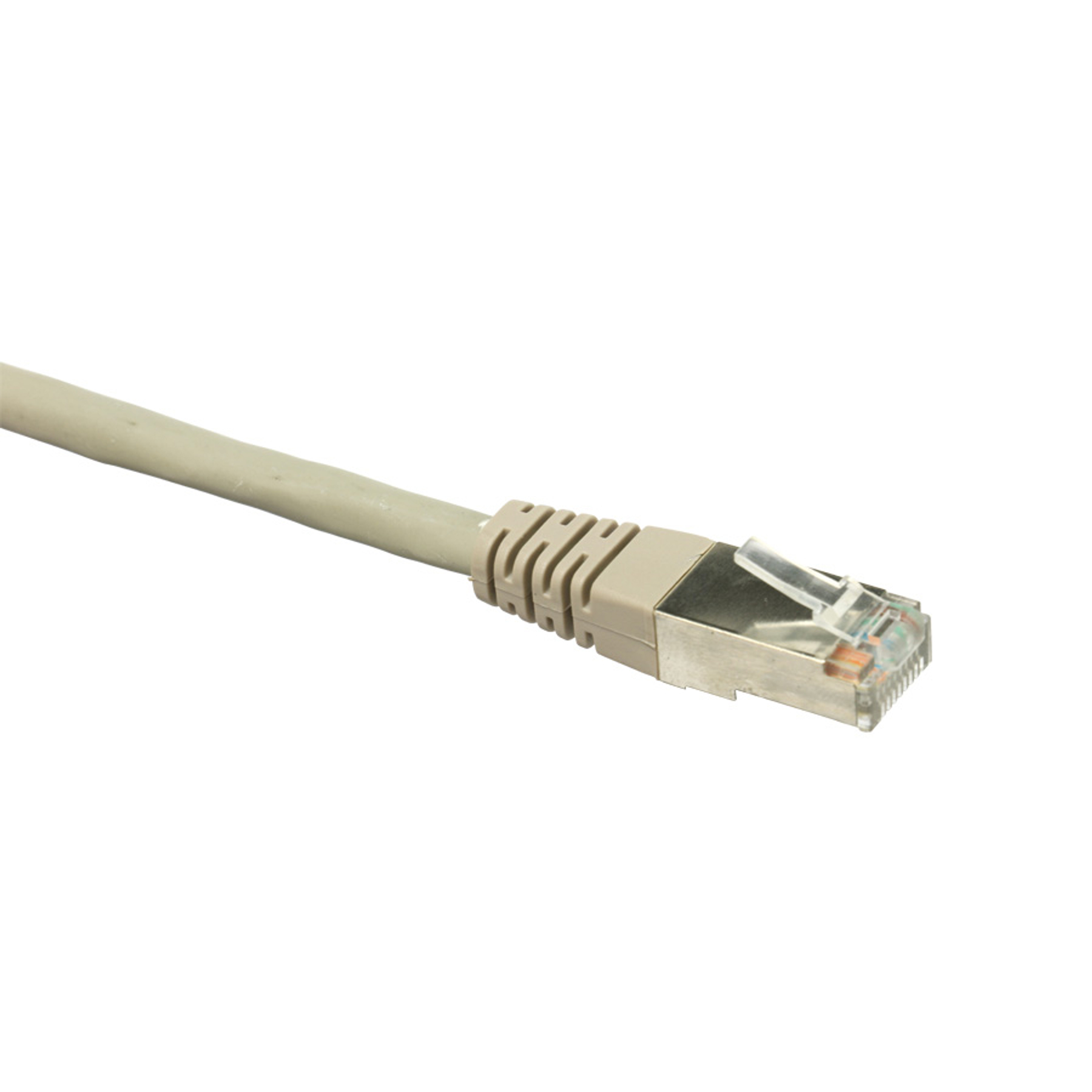 Cavo Ethernet grigio con un connettore all'estremità, isolato su sfondo bianco.