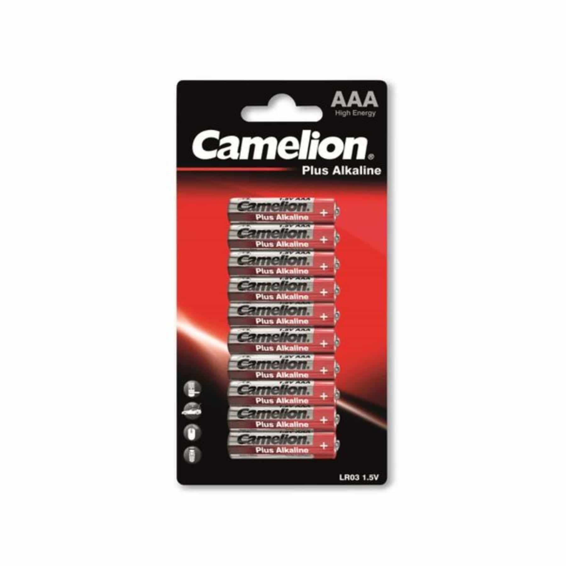 Confezione di batterie AAA Camelion. Imballaggio rosso e nero. Batterie visibili.