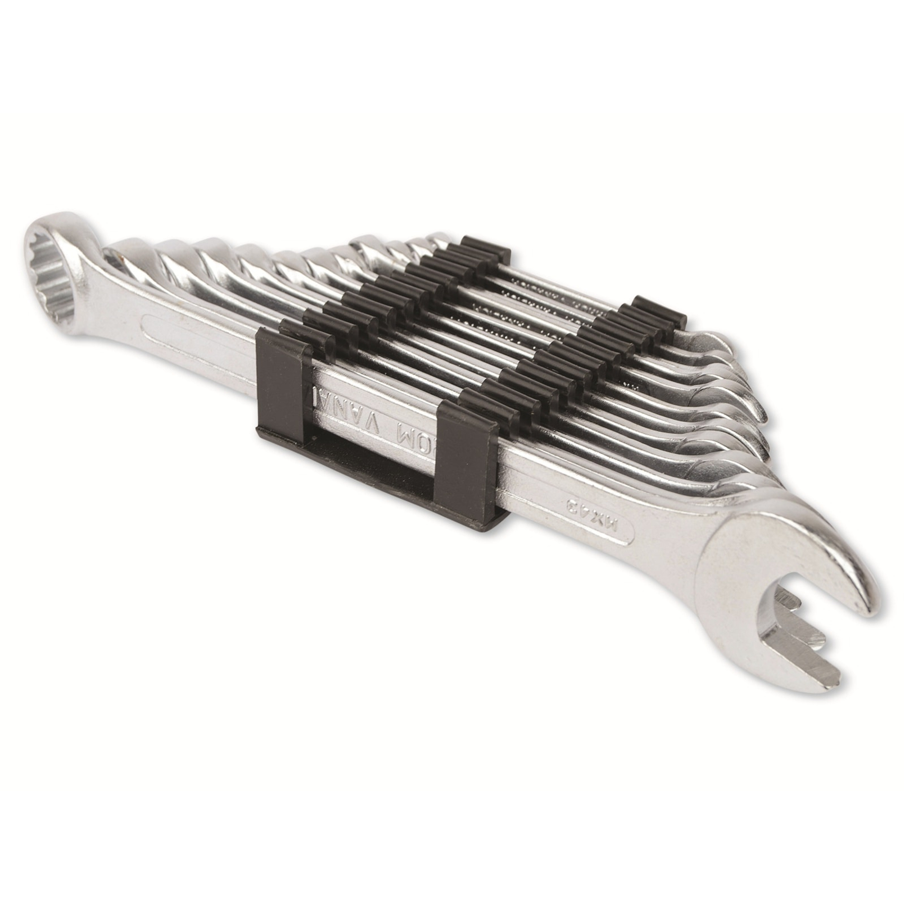 Ein Satz Schraubenschlüssel, ordentlich angeordnet und durch schwarze Clips zusammengehalten. Die Schraubenschlüssel sind aus Metall.