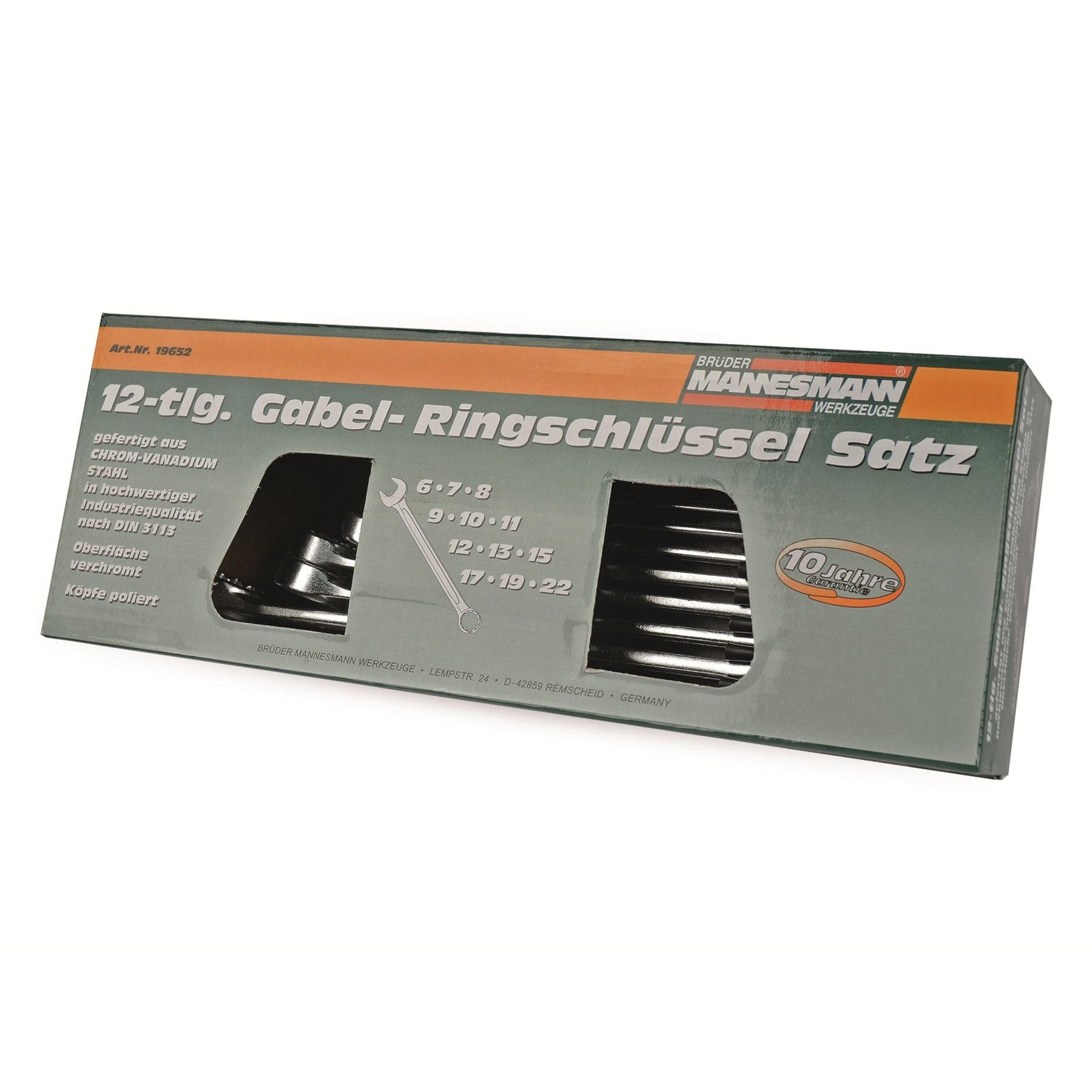 Box mit Mannesmann 12-teiligem Schraubenschlüsselsatz, mit Schraubenschlüsseln.