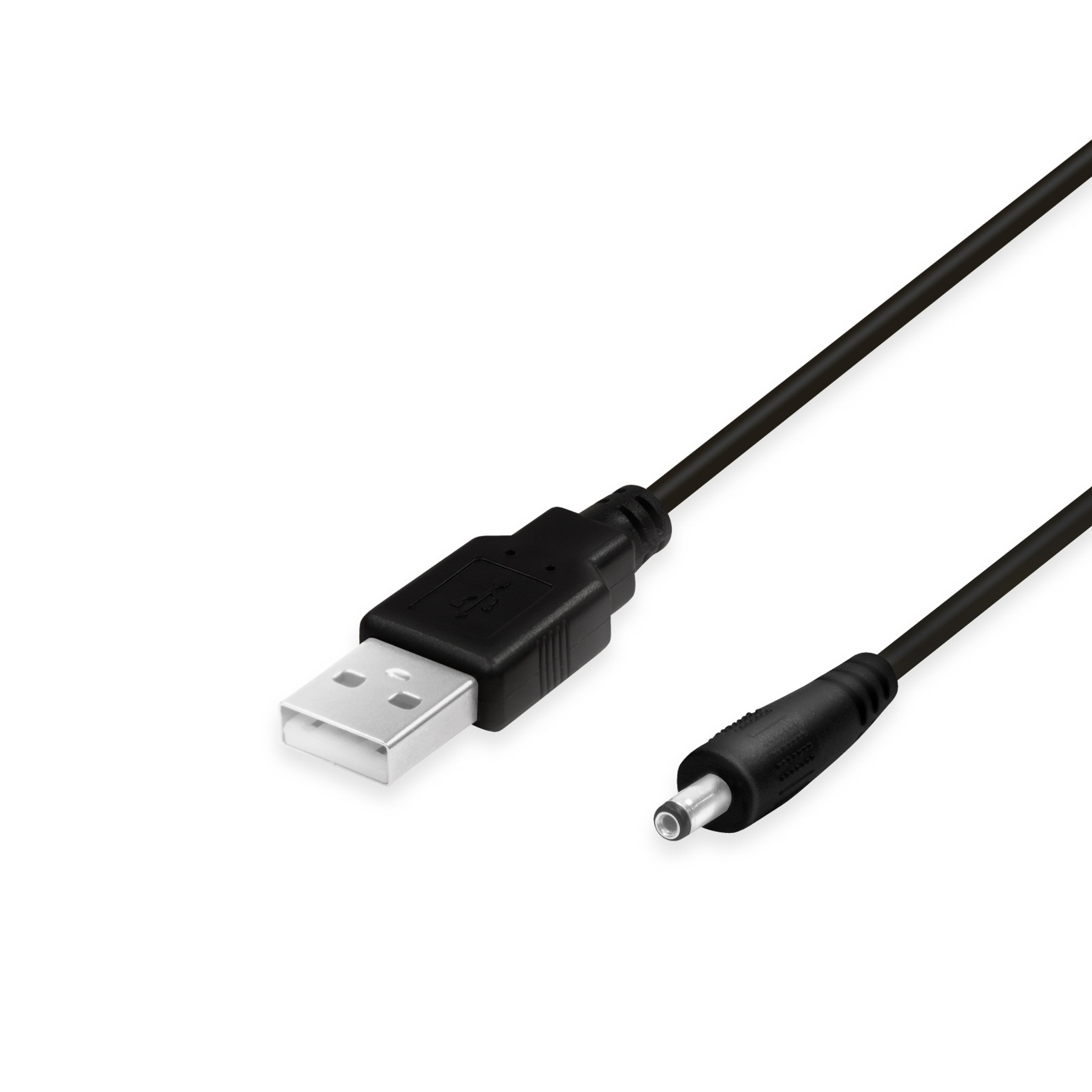 Cable USB con un conector USB-A y un conector de CC. Es blanco y tiene un fondo blanco.
