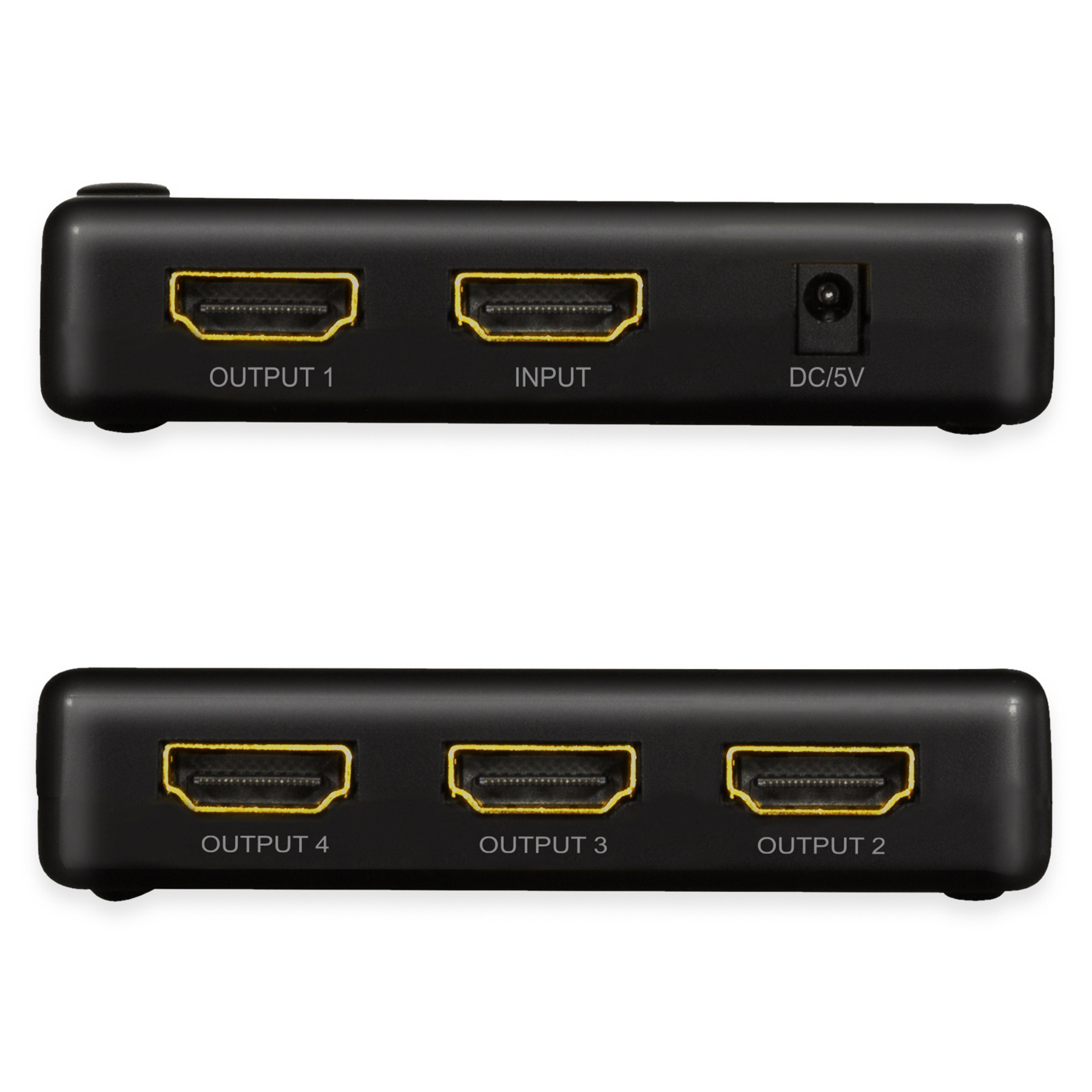 Divisor HDMI negro con 3 puertos HDMI en un lado y 1 en el otro.