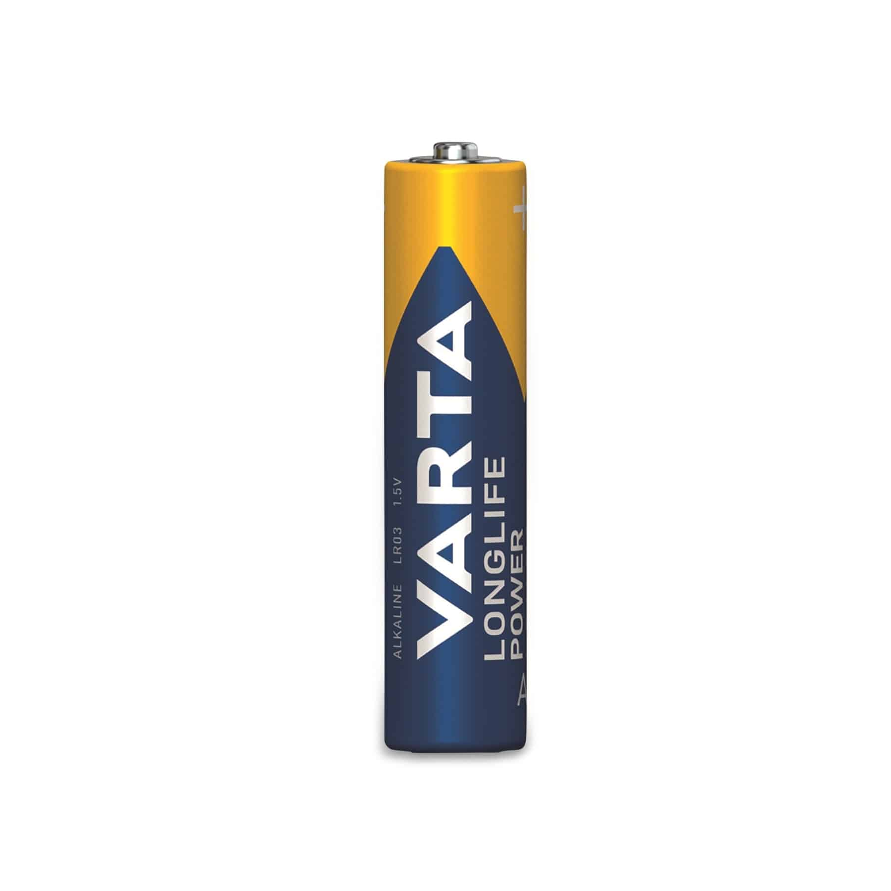 Una batteria cilindrica Varta Longlife Power, gialla e blu, con logo Varta bianco.