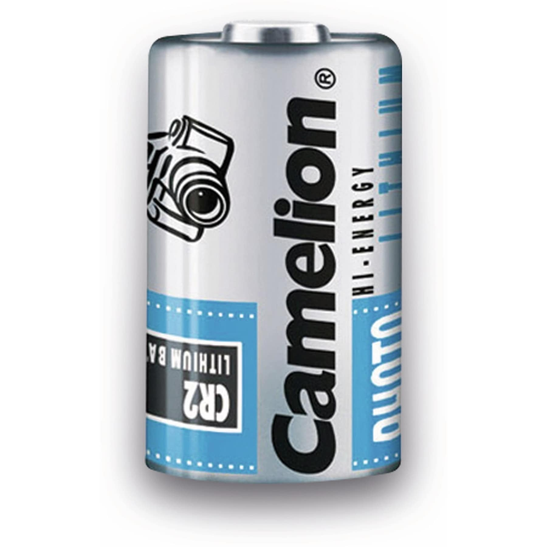 Batteria al litio Camelion CR2. Corpo argentato con testo nero e illustrazione di una fotocamera.