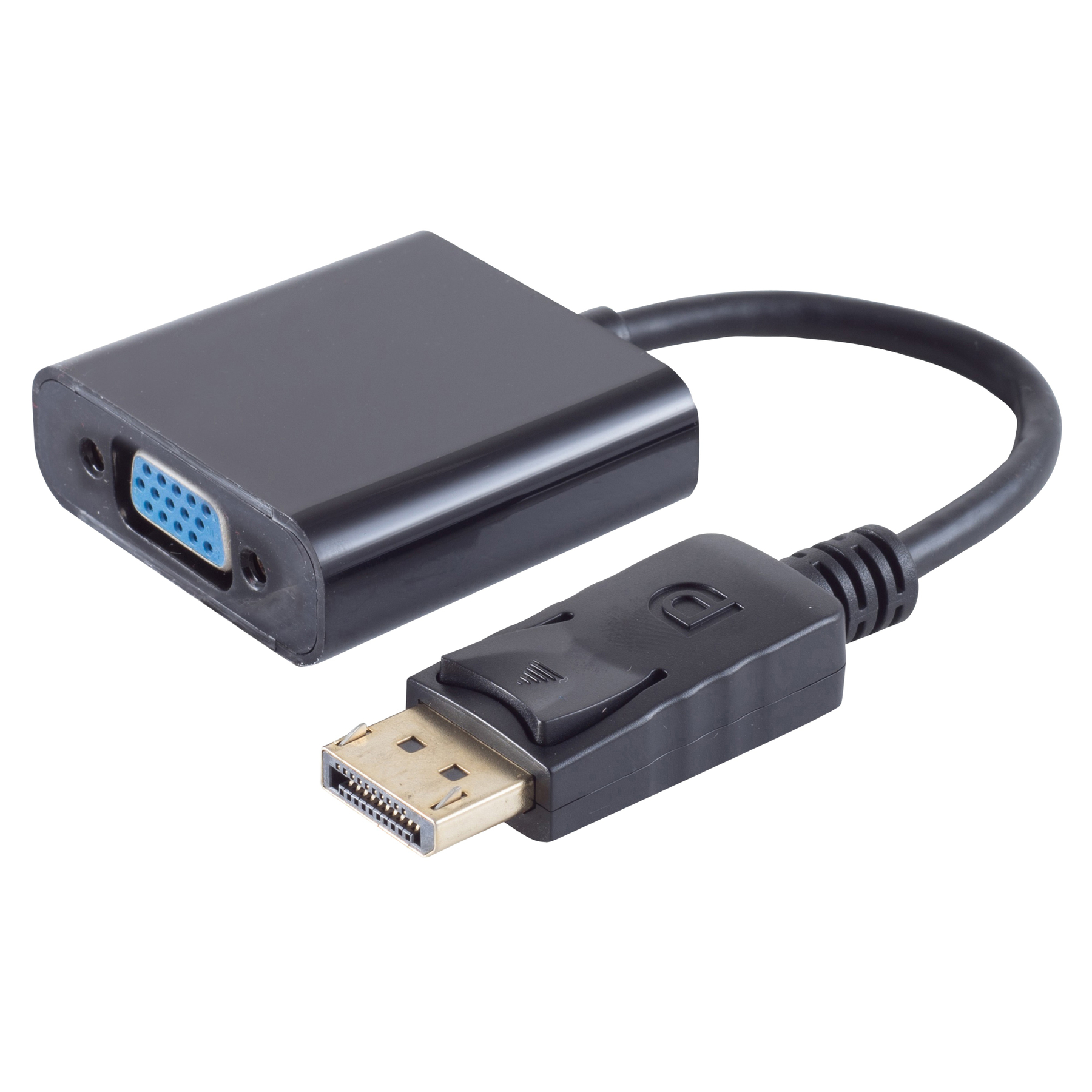 Schwarzer VGA-zu-DisplayPort-Adapter mit zwei Anschlüssen, weißer Hintergrund.