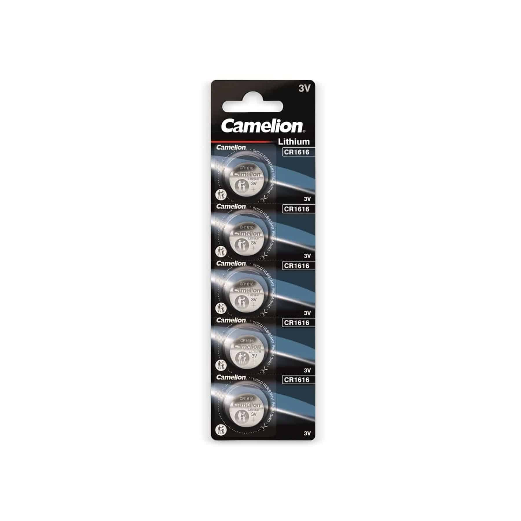 Confezione di batterie a bottone al litio CR1616 Camelion. Imballaggio nero e blu. Batterie all'interno.