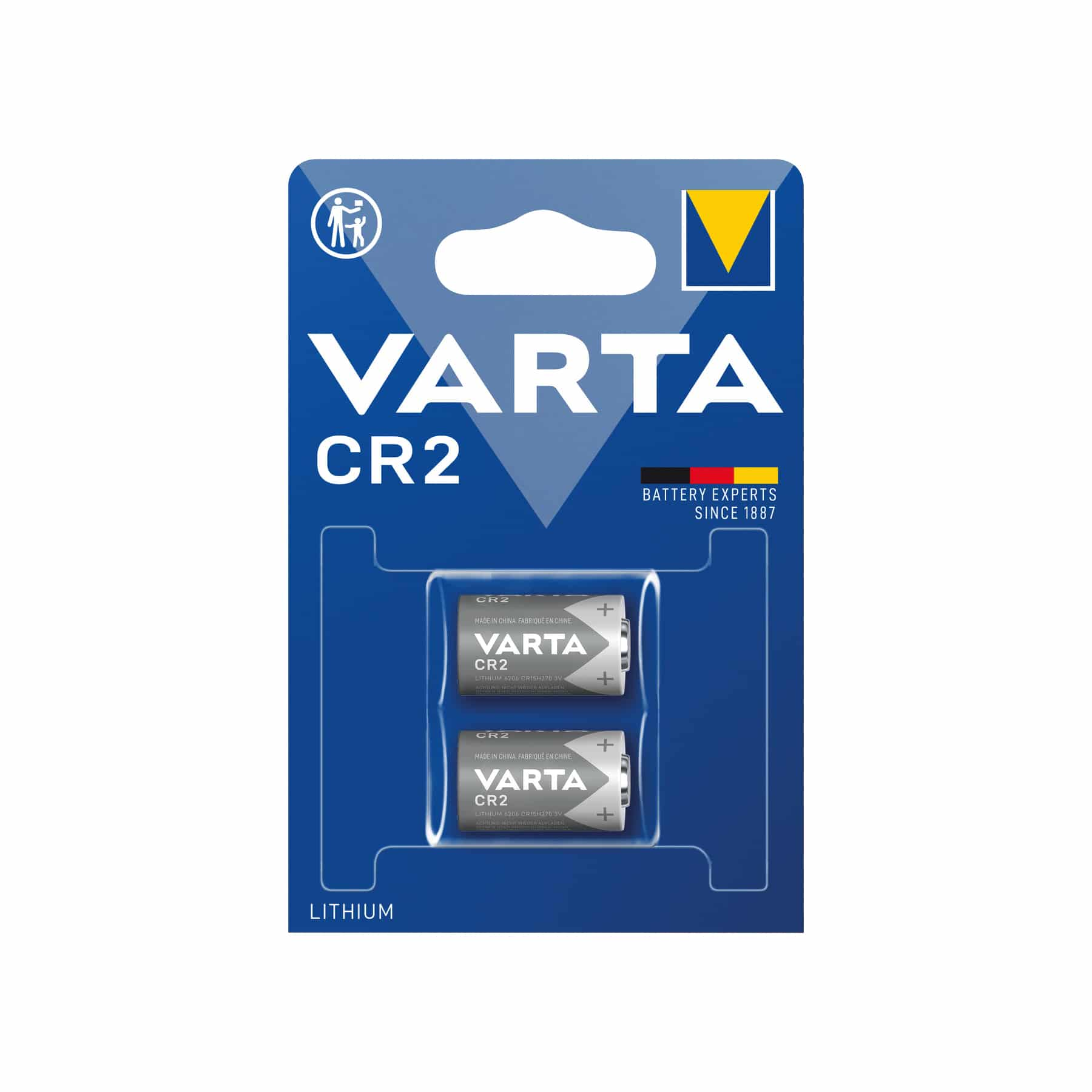 VARTA CR2 lithium batteries in a package. Blue and white packaging with battery details.