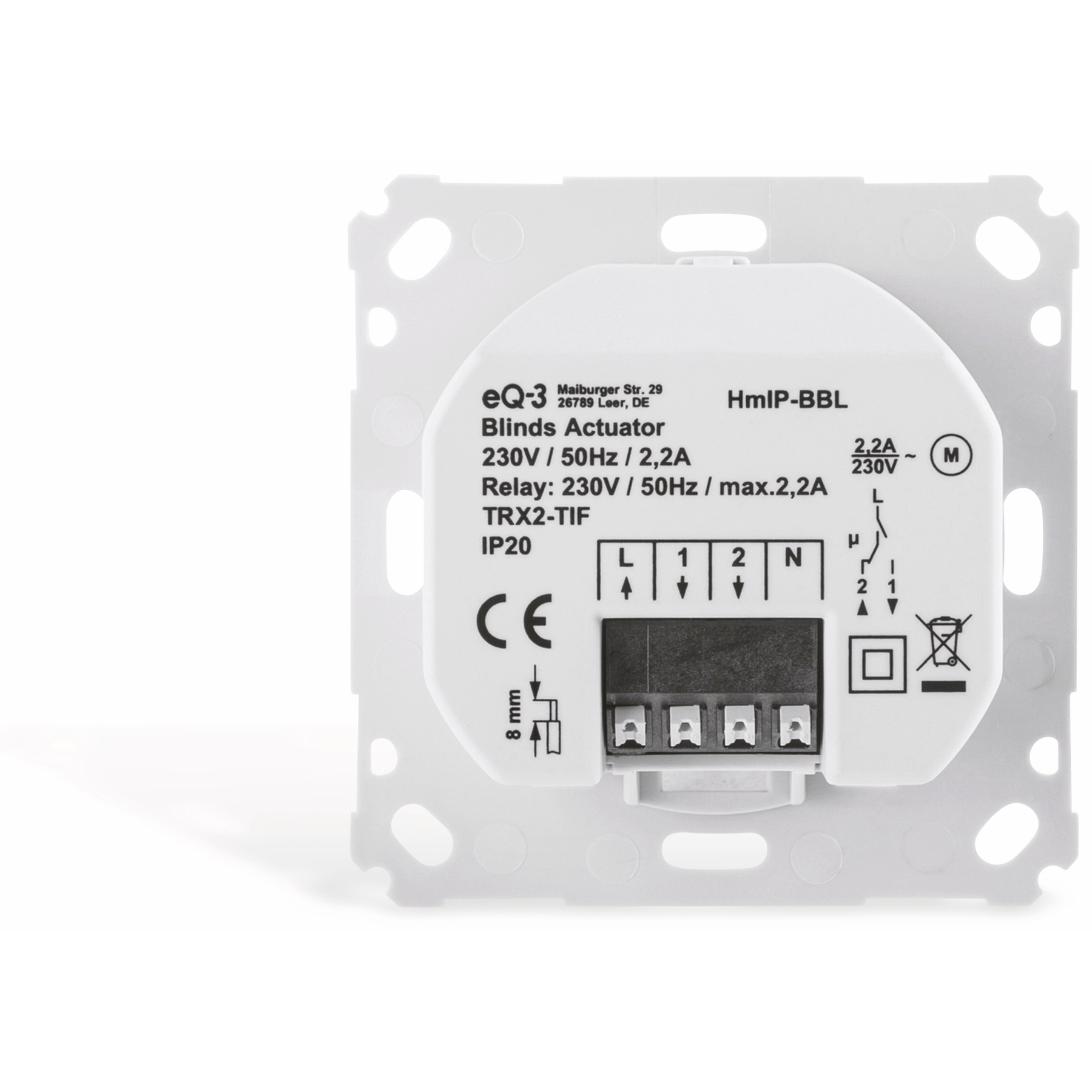 Ein weißer elektrischer Schalter mit Beschriftungen. Der Schalter ist auf einem weißen quadratischen Rahmen montiert.