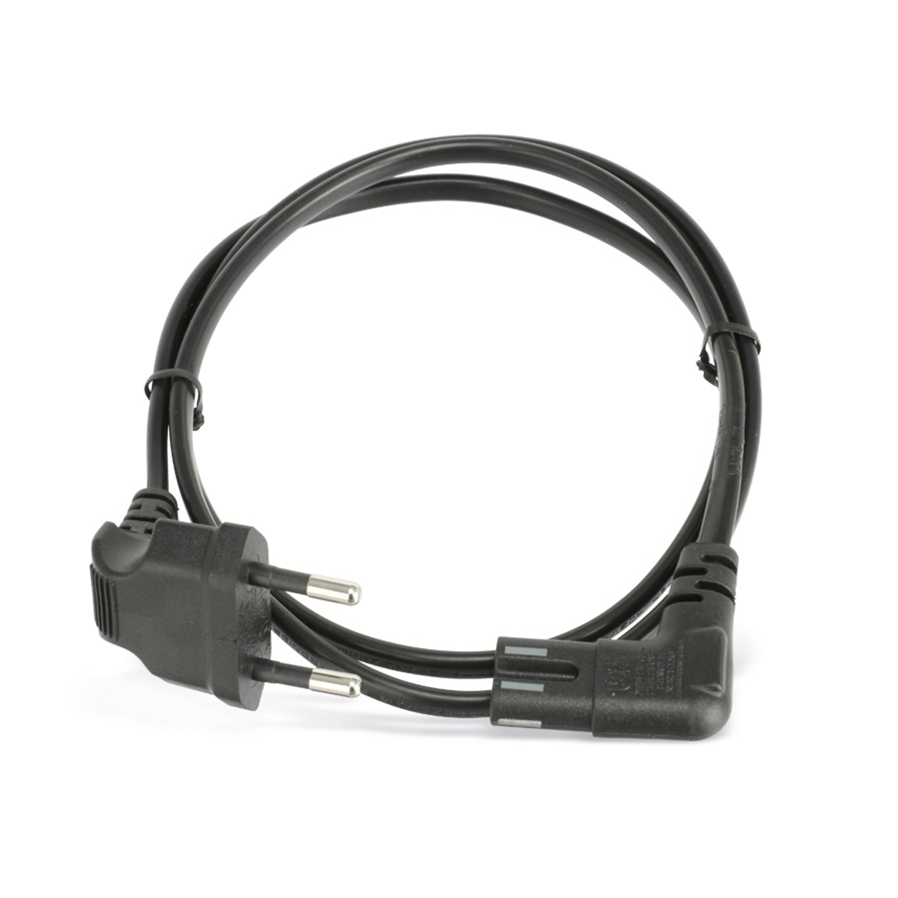 Czarny kabel zasilający z dwoma wtyczkami na jednym końcu i gniazdem na drugim, na białym tle.