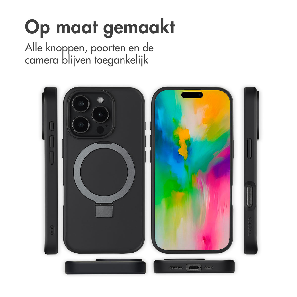 Coque de téléphone noire avec anneau et vues du téléphone.
