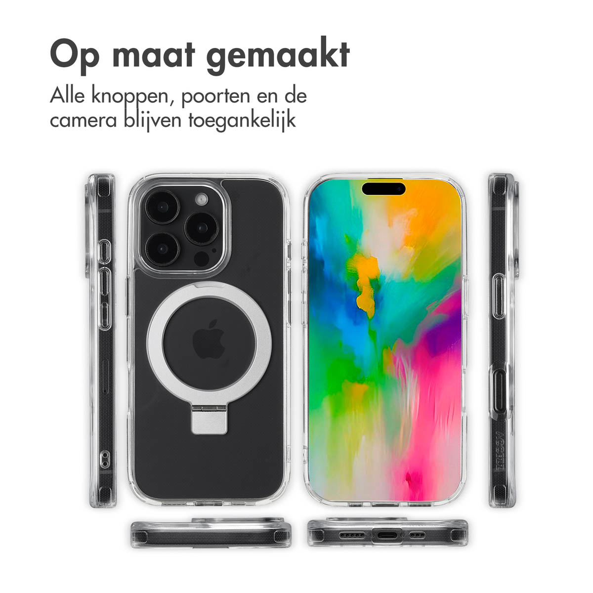 Diverse custodie per telefono con design colorati e un telefono, con testo sull'adattamento personalizzato.