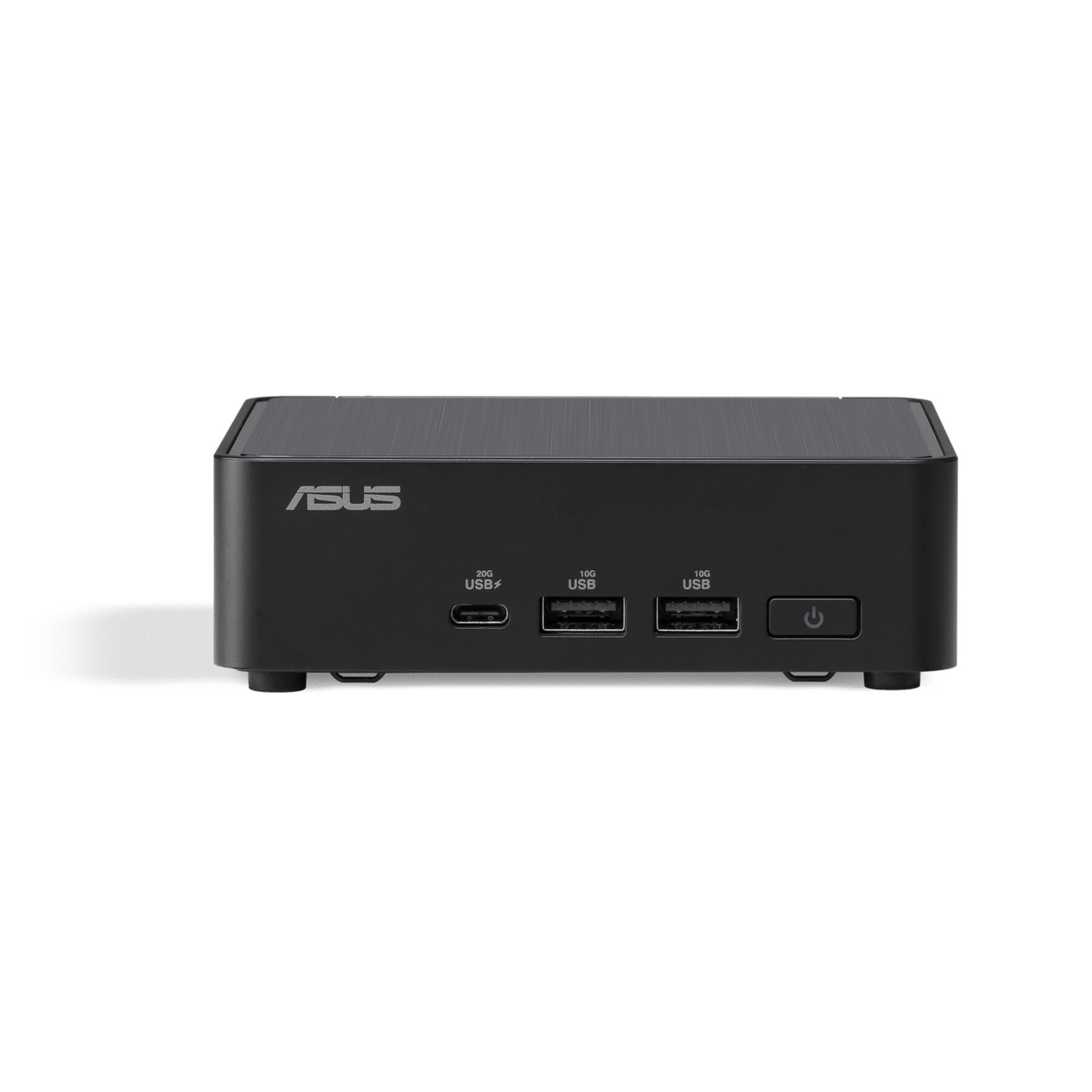 Zwarte ASUS mini-pc met USB-poorten, USB-C en een aan/uit-knop op een witte achtergrond.