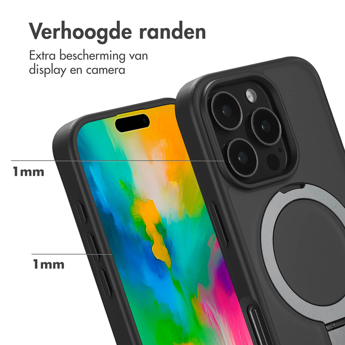 Coque de téléphone noire avec bords surélevés, détails du téléphone et de la coque. Anneau.