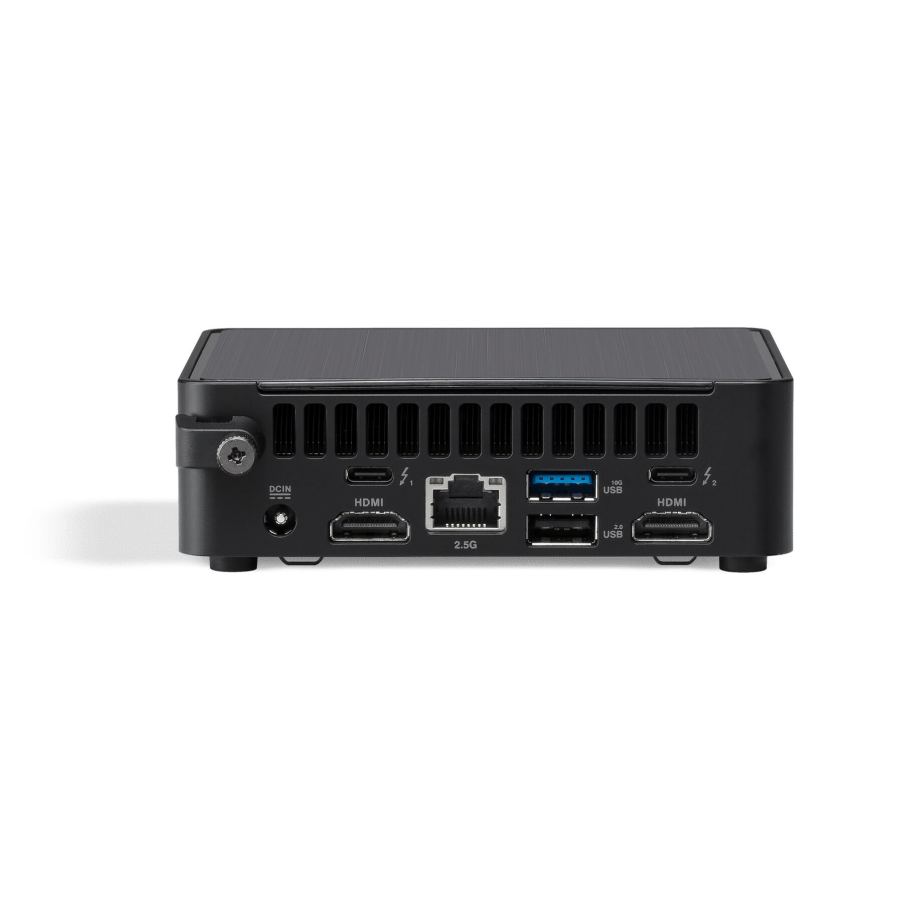 Zwarte mini-pc met meerdere poorten aan de achterkant, witte achtergrond.