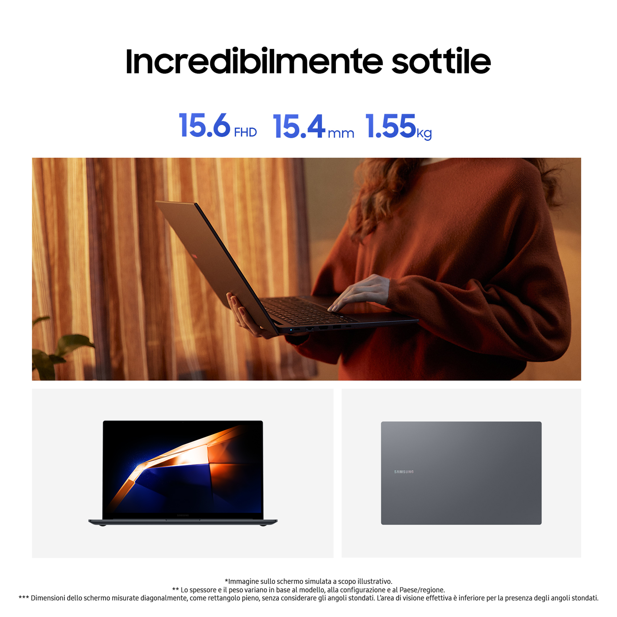 Une femme utilise un ordinateur portable fin et sombre. D'autres images de l'ordinateur portable sont également présentes.