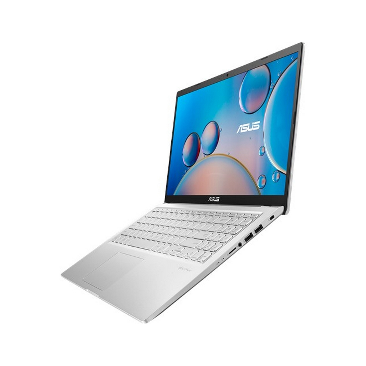 Laptop argentato con tastiera bianca, logo ASUS sullo schermo, vista angolata, bianco.
