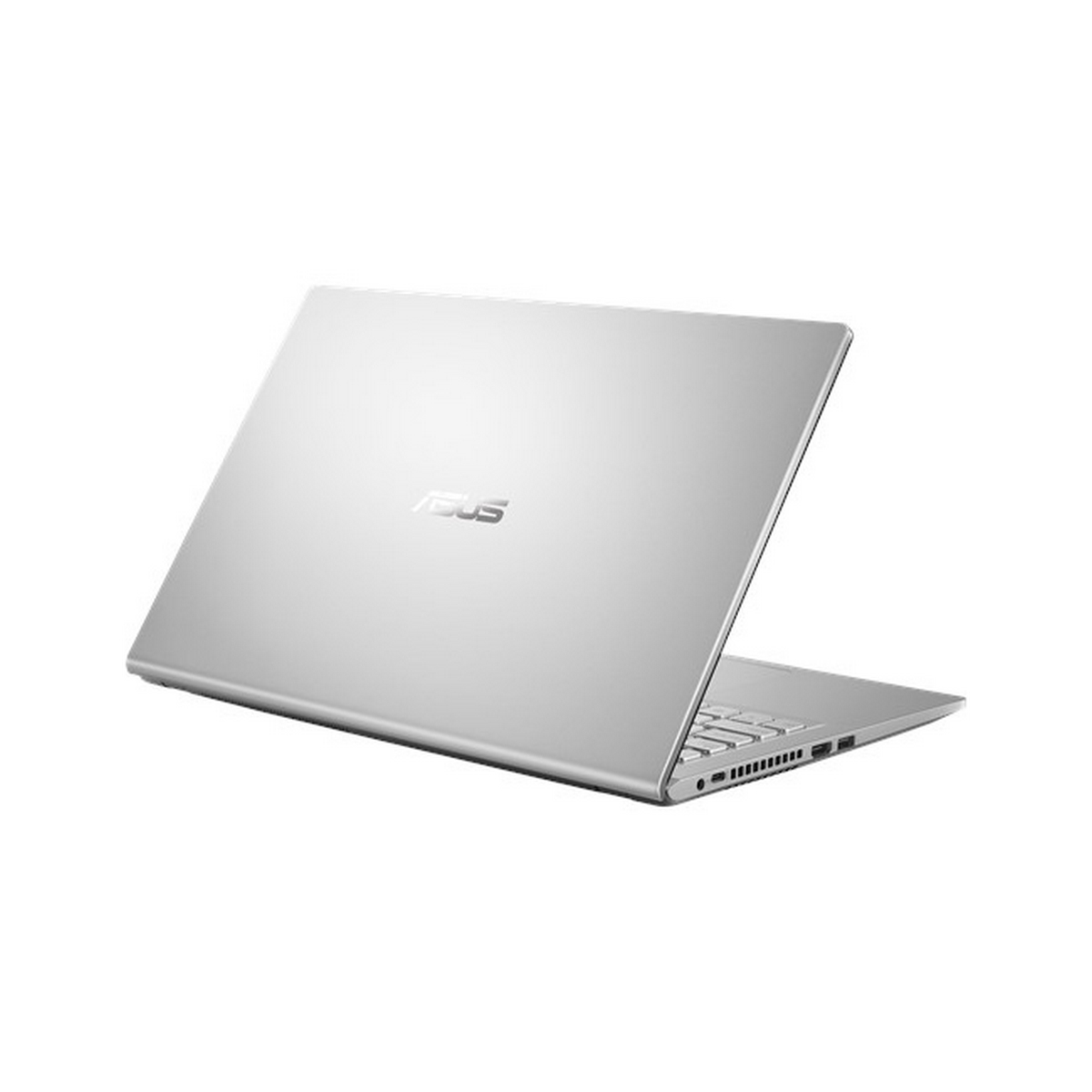 Laptop argentato. Logo ASUS sul coperchio. Lo schermo è leggermente aperto. Sfondo bianco.