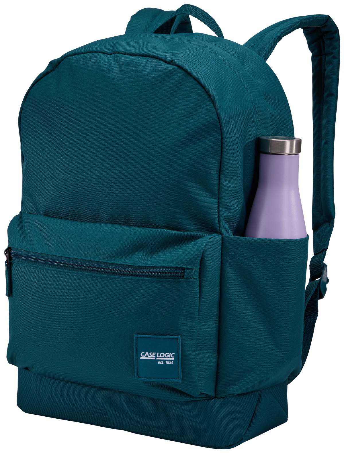 Türkisfarbener Rucksack mit einer lila Wasserflasche in der Seitentasche. Der Hintergrund ist weiß.