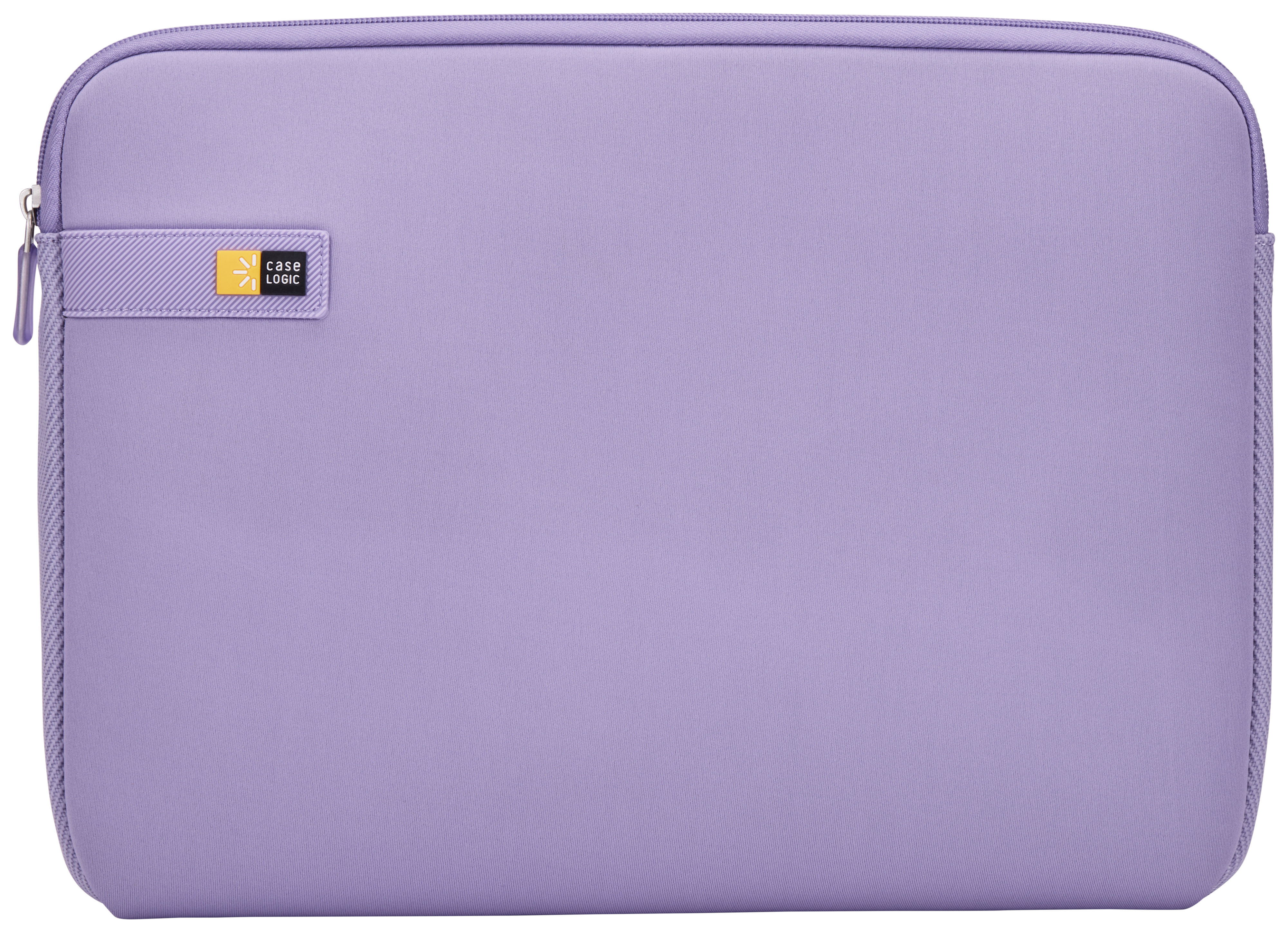 Eine hellviolette Laptoptasche mit Reißverschluss und Case Logic Logo.