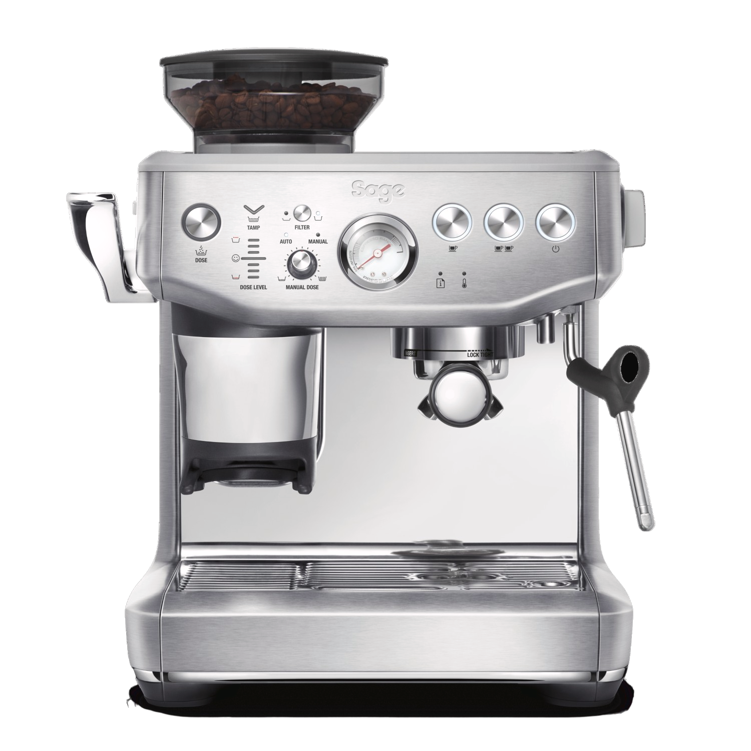Una macchina per espresso argentata con macinacaffè. Ha un contenitore per chicchi.