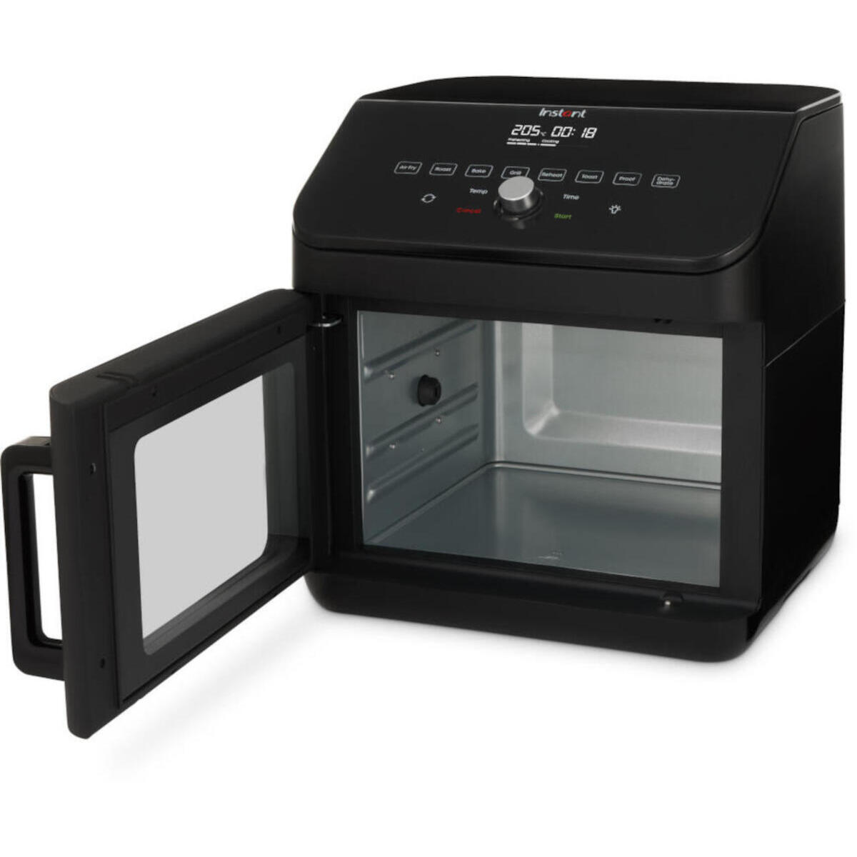 Czarna frytkownica beztłuszczowa z otwartymi drzwiami, ukazująca wnętrze i panel sterowania.