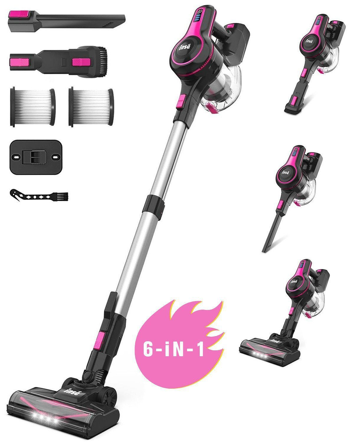 Ein schnurloser Staubsauger in Pink und Schwarz mit Aufsätzen. Mehrere Blickwinkel werden gezeigt.