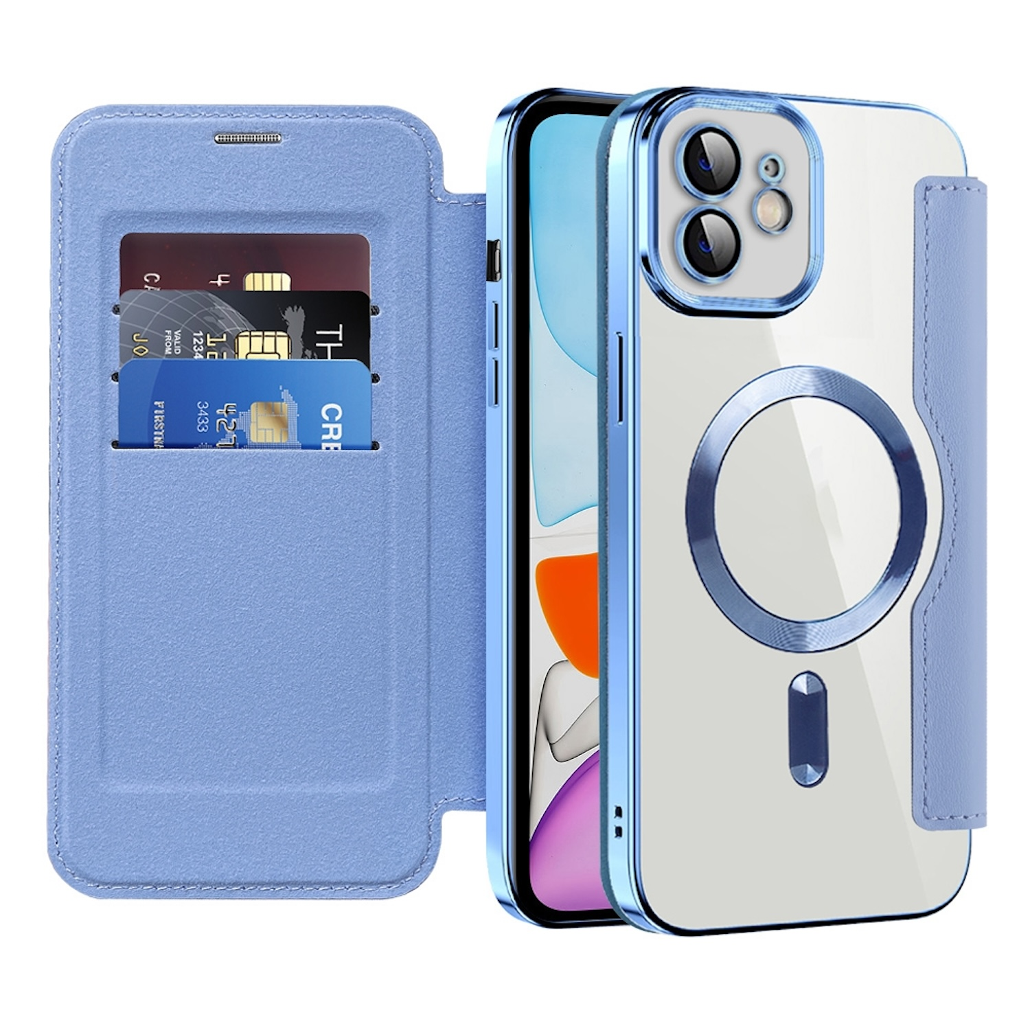 Blaues und transparentes Handycase mit geöffneten Kartenfächern. Karten sind sichtbar.