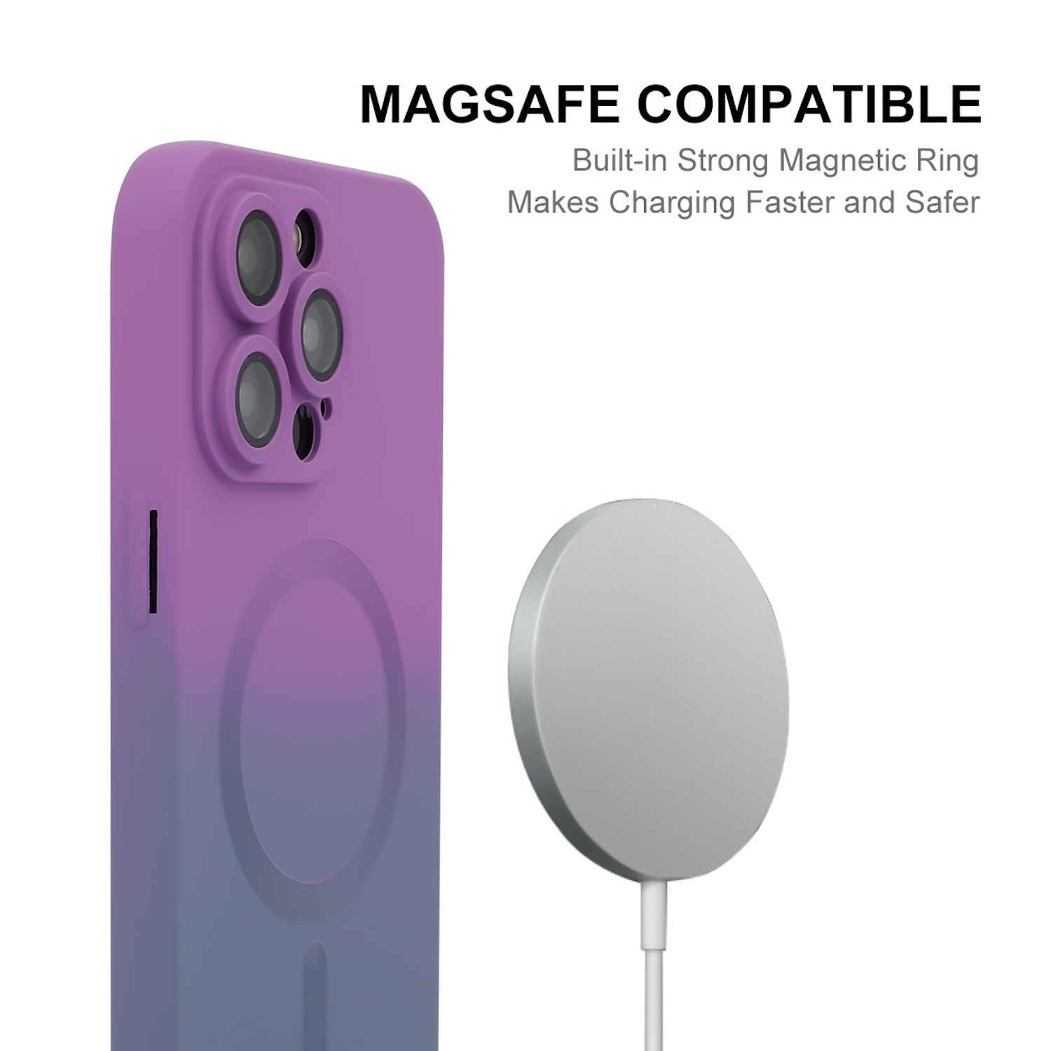 Ein lila-blaues Telefoncase neben einem silbernen kabellosen Ladegerät. Text: 'Magsafe Compatible'.
