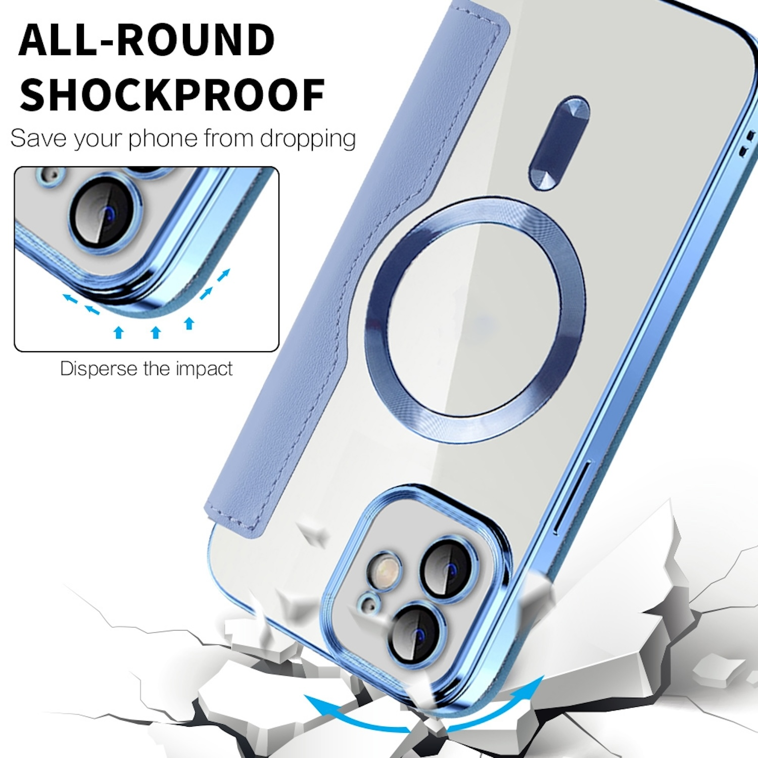 Eine blaue Handyhülle mit einem durchsichtigen Mittelteil, auf dem ein Telefon abgebildet ist und die Worte 'All-Round Shockproof' stehen.