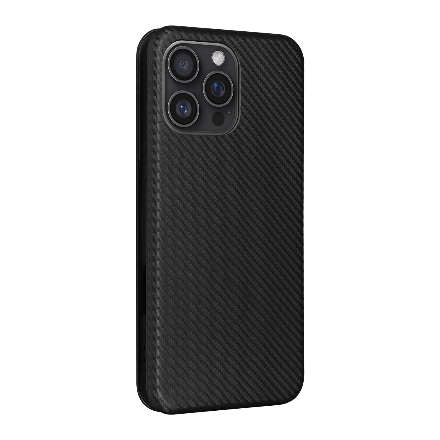 Schwarze iPhone-Hülle mit Kohlefasertextur und drei Kameralinsen.